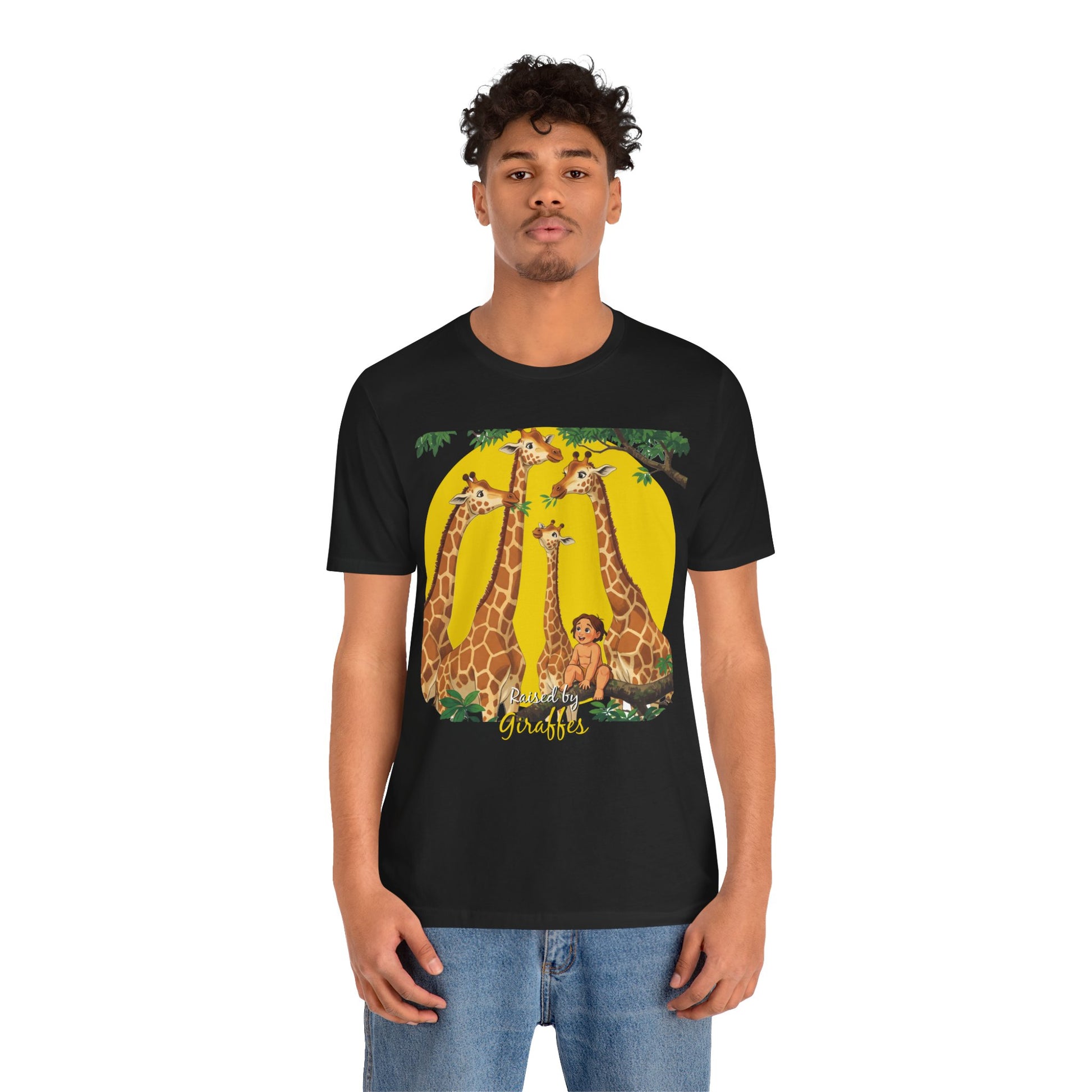 Hilarious Comical 'Raised By Giraffes' Unisex Short Sleeve Tee - Perfect for Animal Lovers (male character version) - Schmartypants