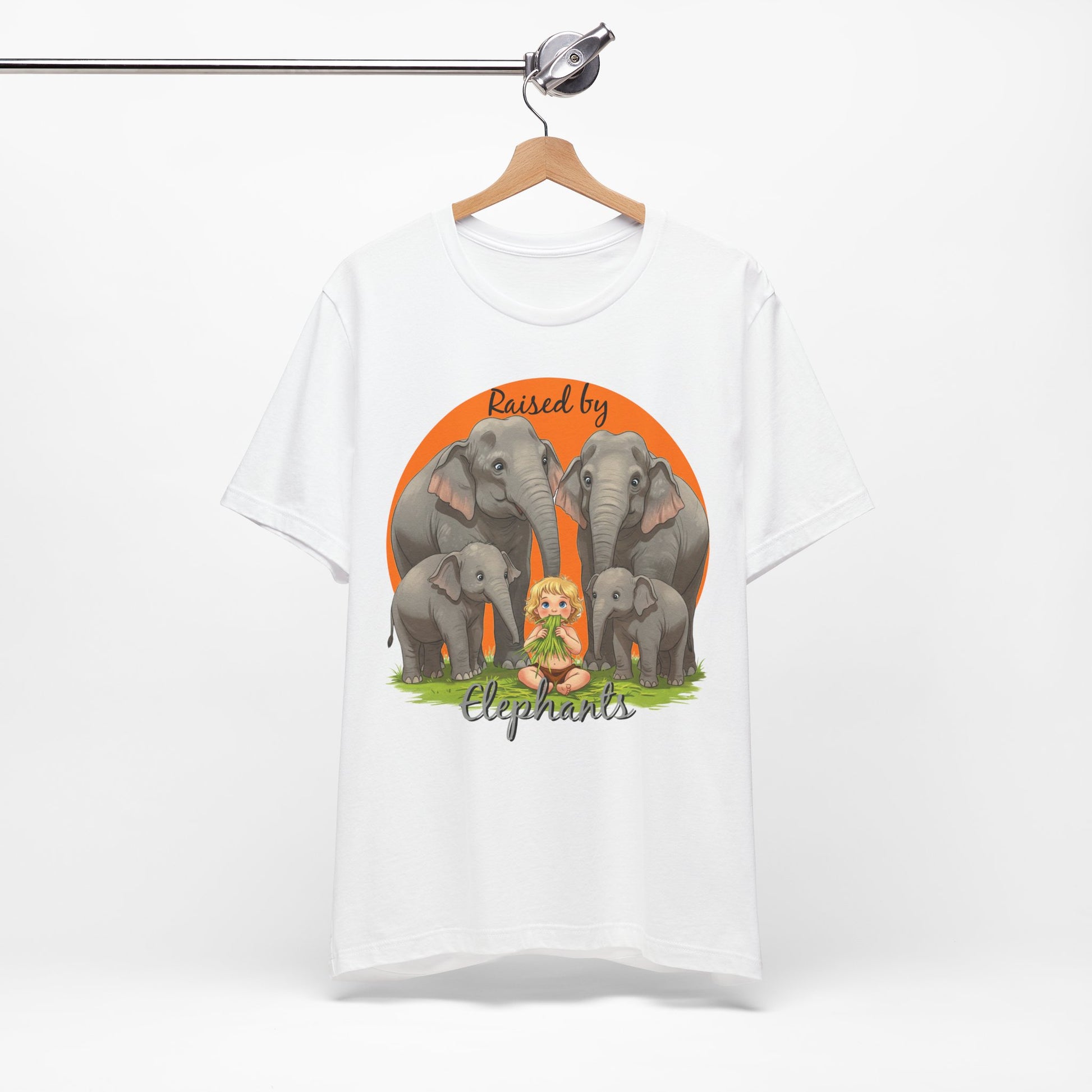 Funny Raised by Elephants Unisex Short Sleeve Tee - Perfect for Animal Lovers, Wildlife Fans (Women's character version) - Schmartypants