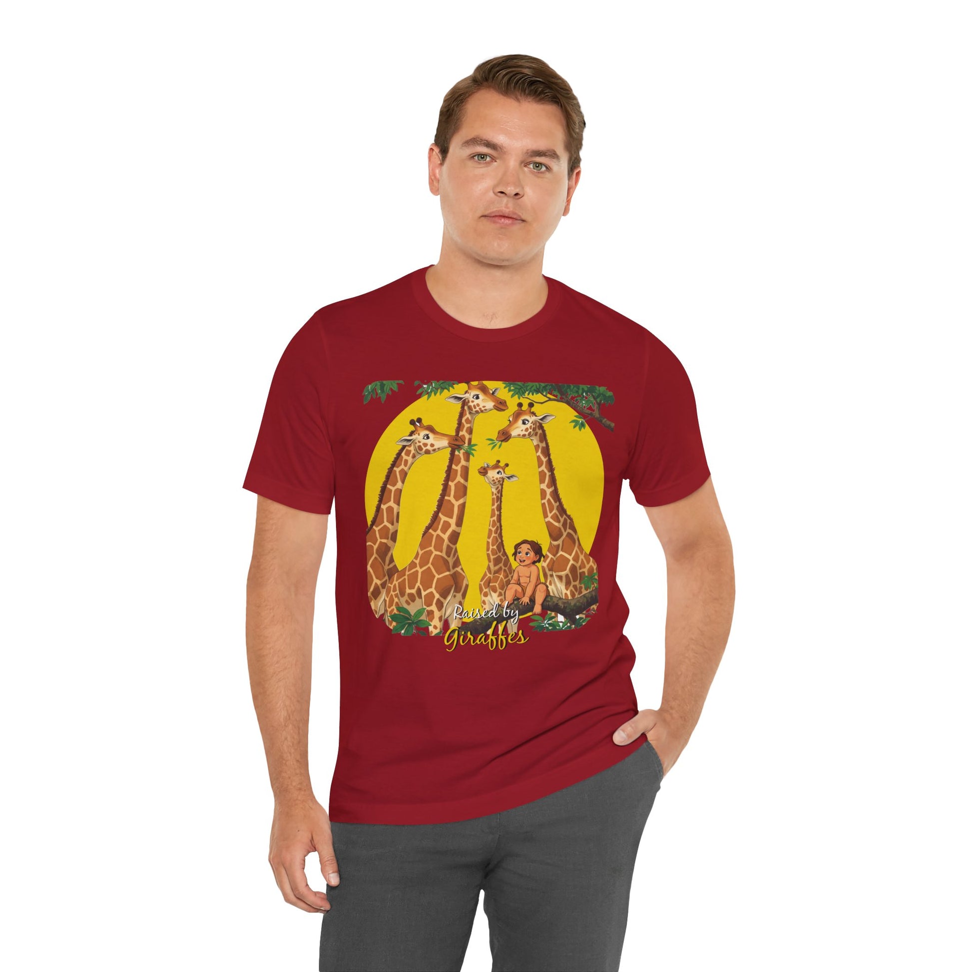 Hilarious Comical 'Raised By Giraffes' Unisex Short Sleeve Tee - Perfect for Animal Lovers (male character version) - Schmartypants