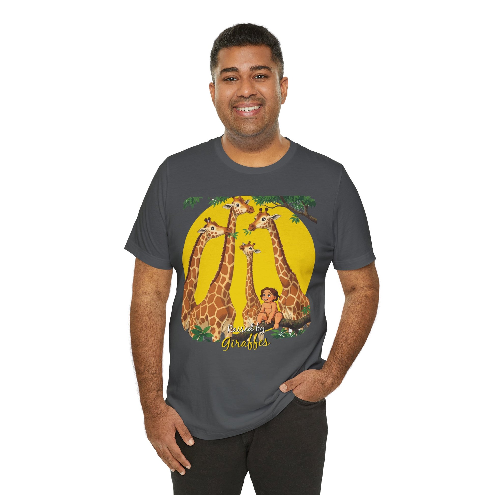 Hilarious Comical 'Raised By Giraffes' Unisex Short Sleeve Tee - Perfect for Animal Lovers (male character version) - Schmartypants