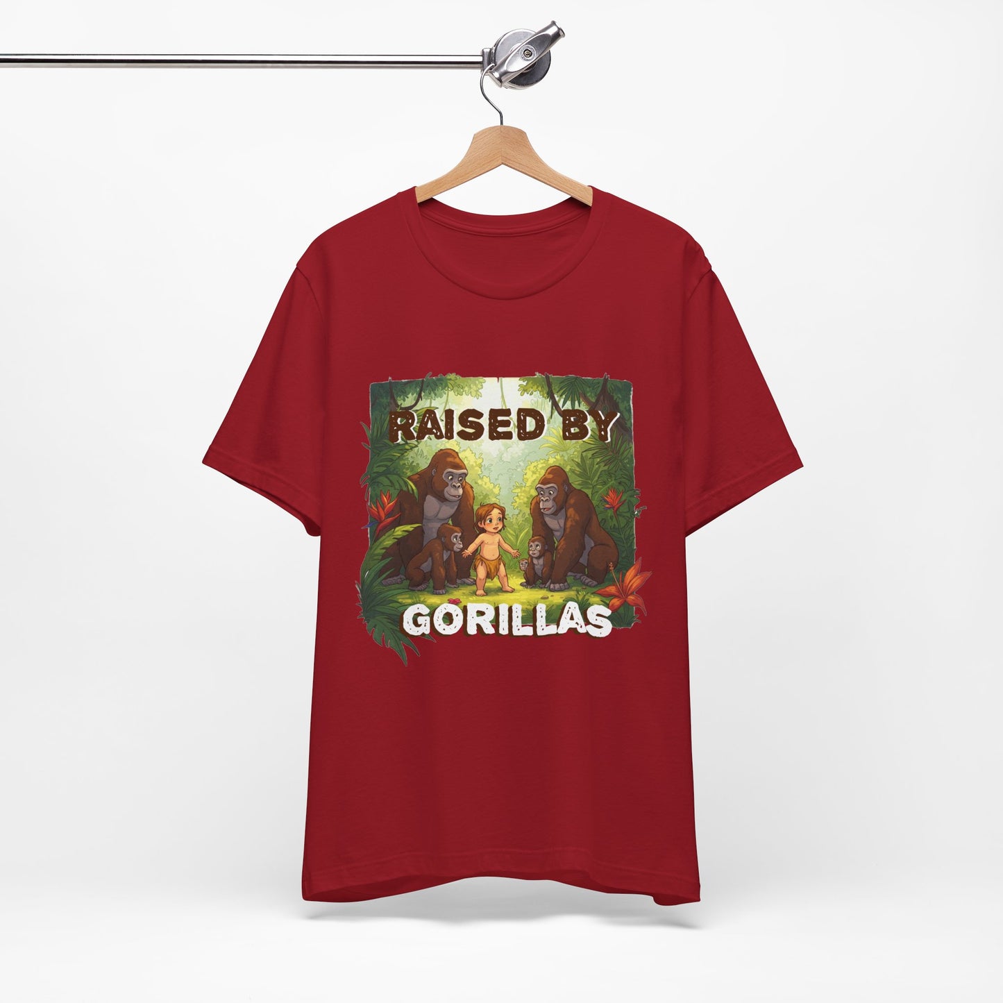Hilarious 'Raised by Gorillas' Unisex T-Shirt - Funny Animal Lover Gift (male character version) - Schmartypants