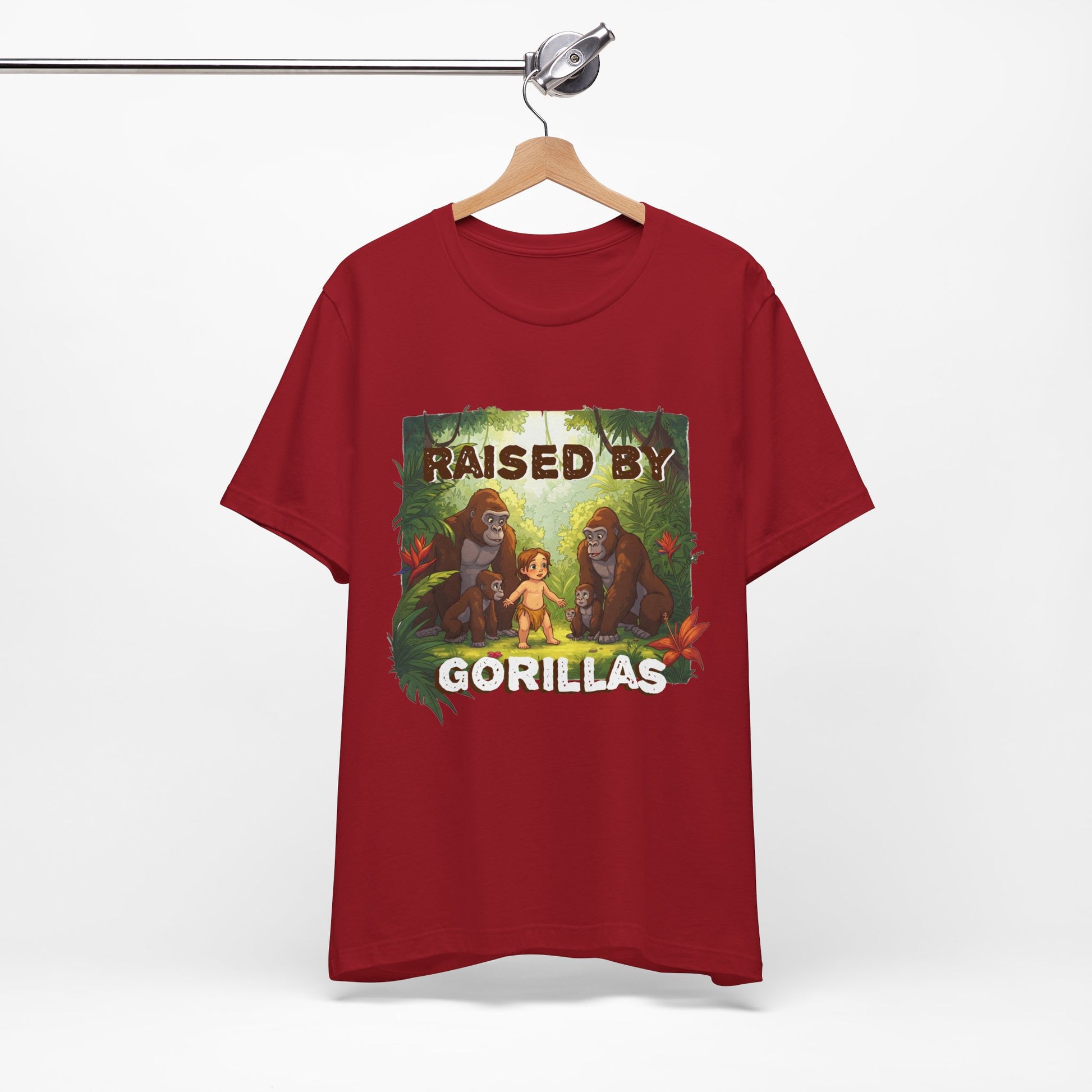 Hilarious 'Raised by Gorillas' Unisex T-Shirt - Funny Animal Lover Gift (male character version) - Schmartypants