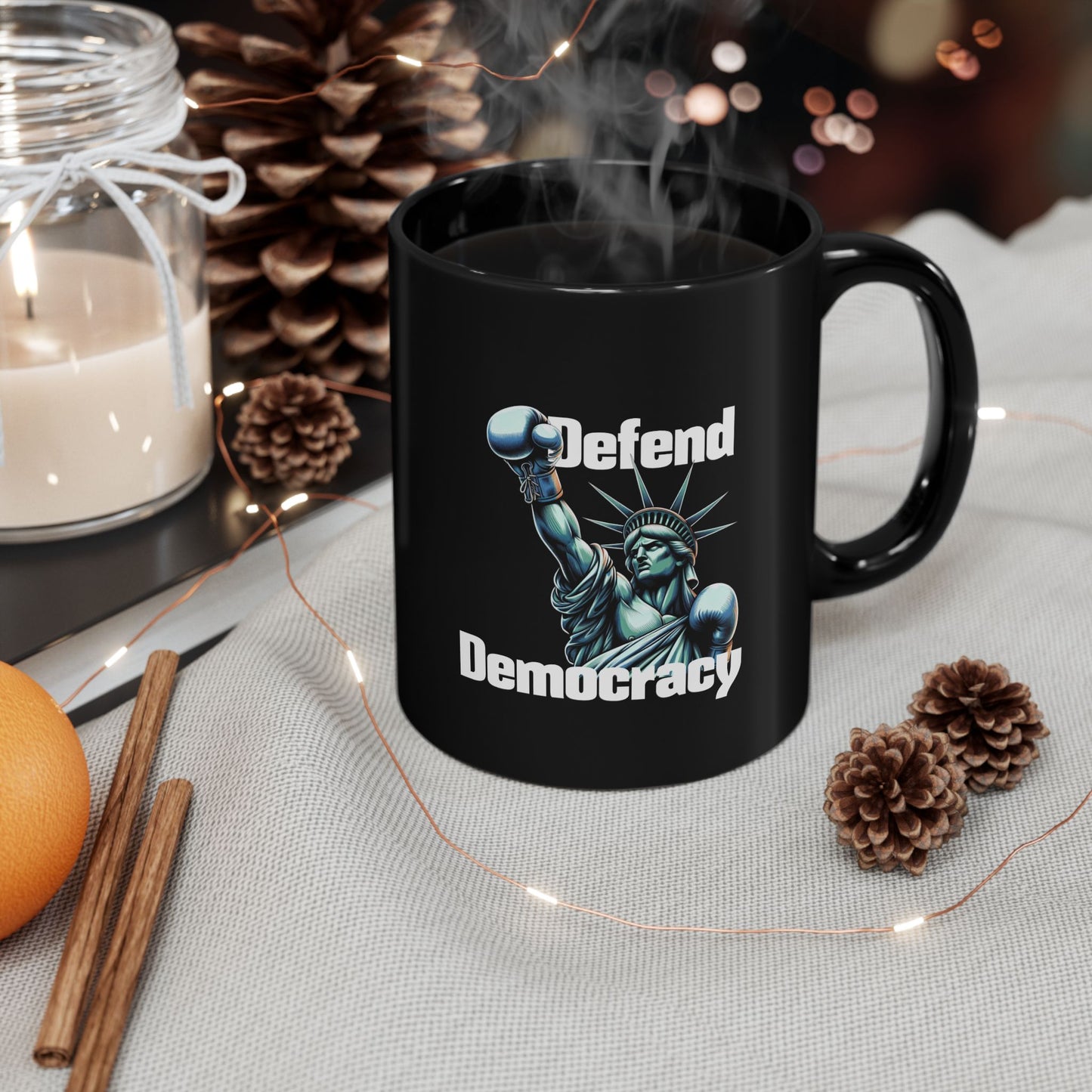Defend Democracy Black Mug - Lady Liberty Ceramic Activist Coffee Tea Cup