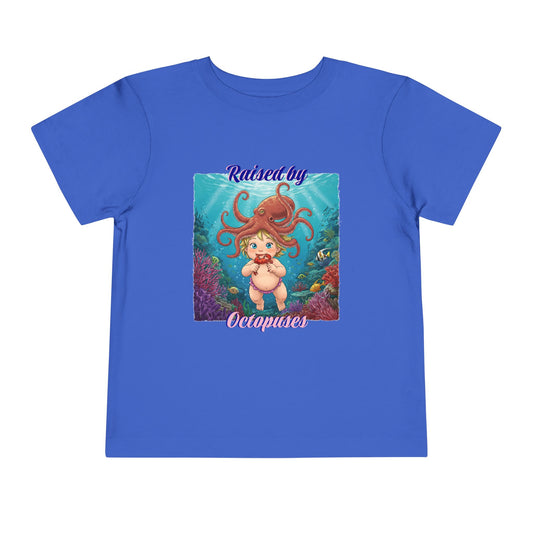 Toddler Short Sleeve Tee: Funny 'Raised by Octopuses', Kid's Fun Tee, Aquatic Graphics Shirt, Marine Life Gift, Nautical Outfit