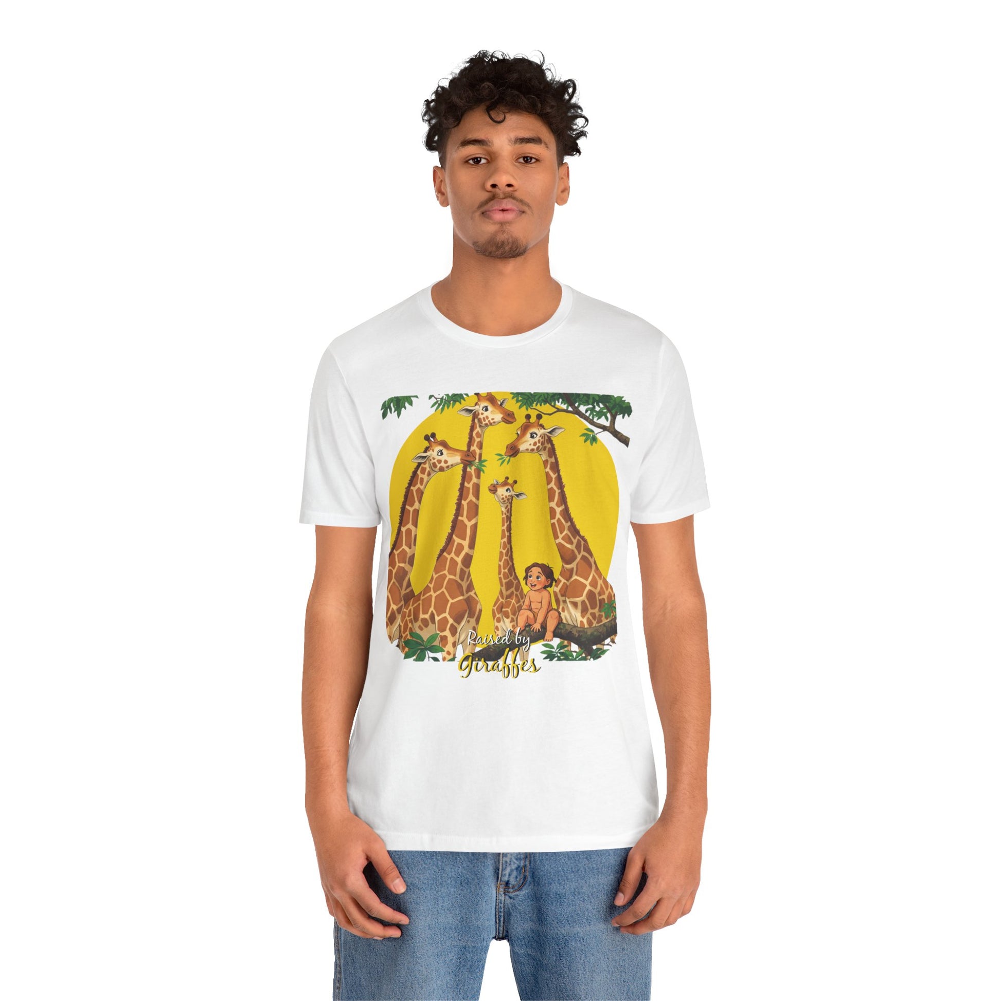 Hilarious Comical 'Raised By Giraffes' Unisex Short Sleeve Tee - Perfect for Animal Lovers (male character version) - Schmartypants