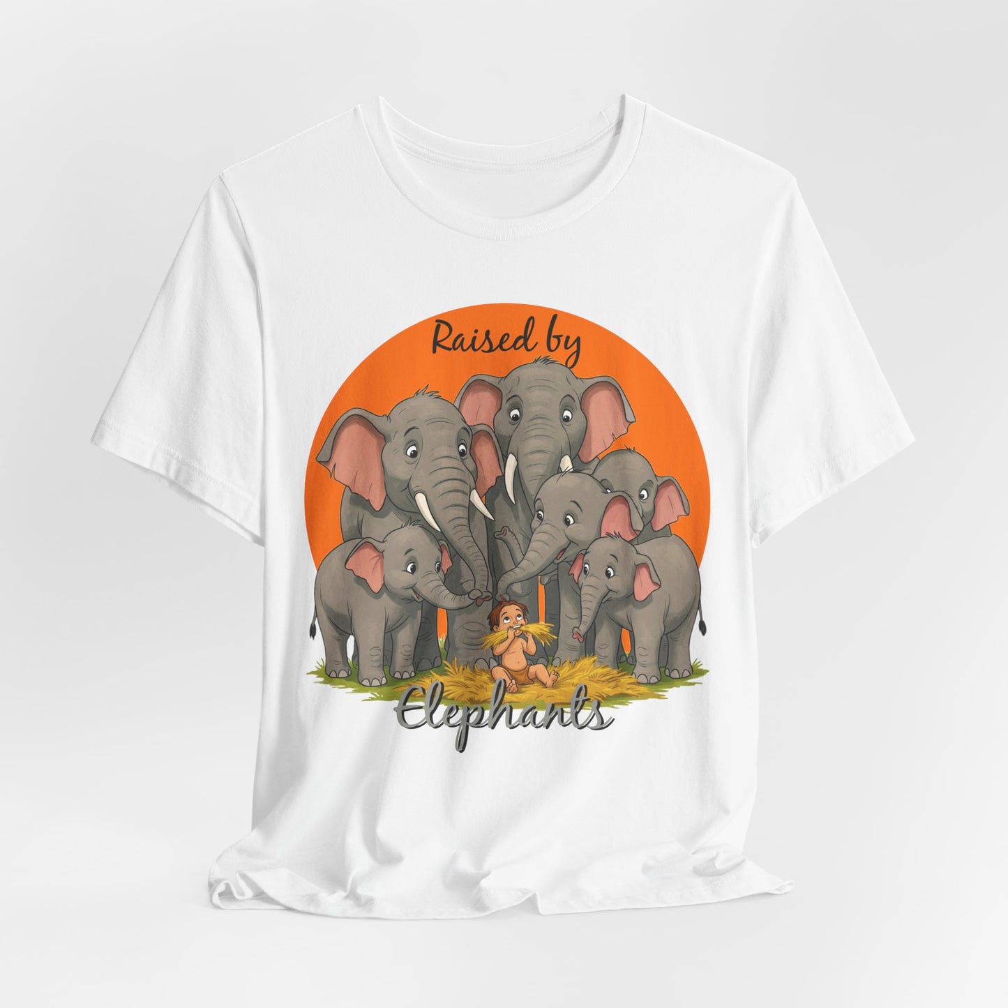 Elephant Lovers Tee - Funny 'Raised by Elephants' Unisex Jersey Short Sleeve Shirt - Wildlife and Nature Lovers Shirt (Male Character Version) - Schmartypants