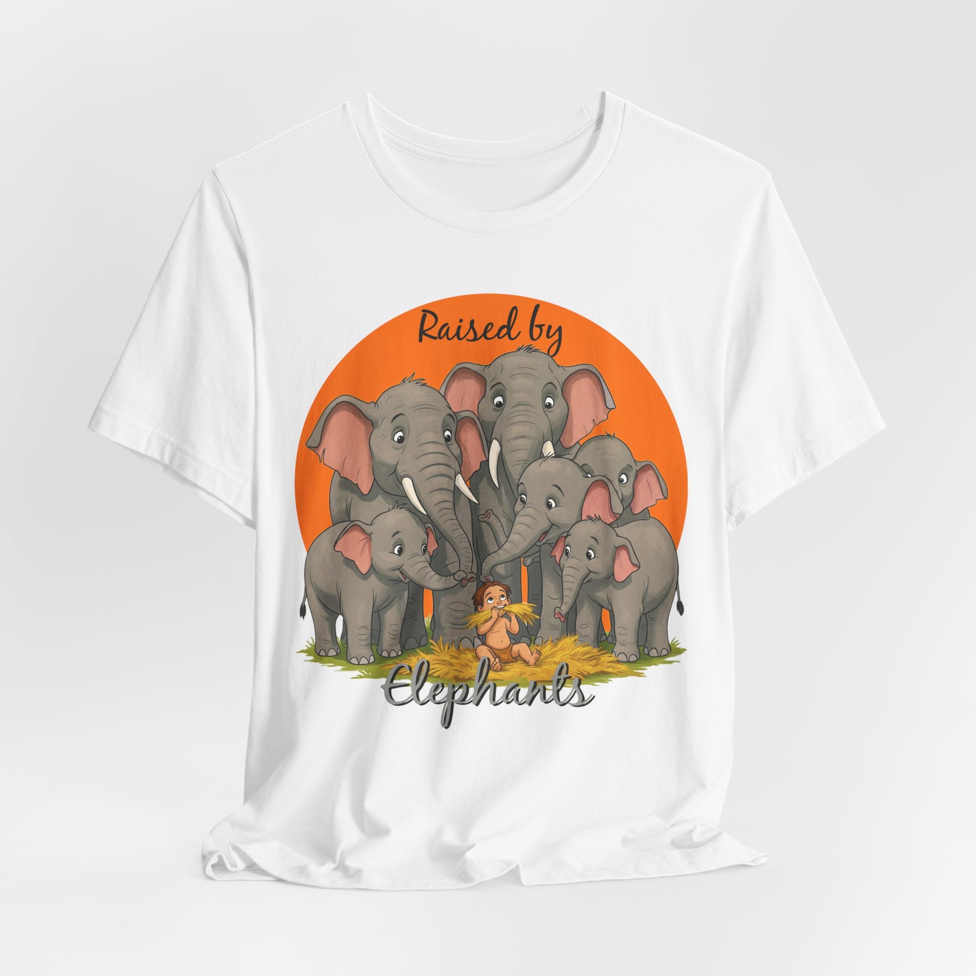 Elephant Lovers Tee - Funny 'Raised by Elephants' Unisex Jersey Short Sleeve Shirt - Wildlife and Nature Lovers Shirt (Male Character Version) - Schmartypants