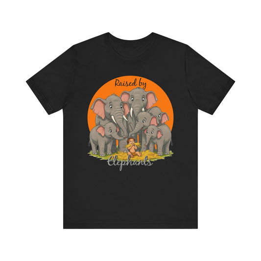 Elephant Lovers Tee - Funny 'Raised by Elephants' Unisex Jersey Short Sleeve Shirt - Wildlife and Nature Lovers Shirt (Male Character Version) - Schmartypants