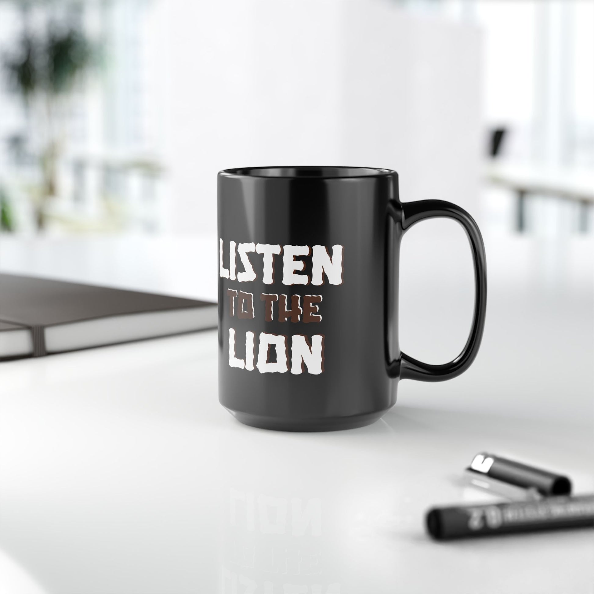 Listen to the Lion Black Mug - Inspirational Coffee Tea Cup for Animal Lovers, Van Morrison Fans - Schmartypants