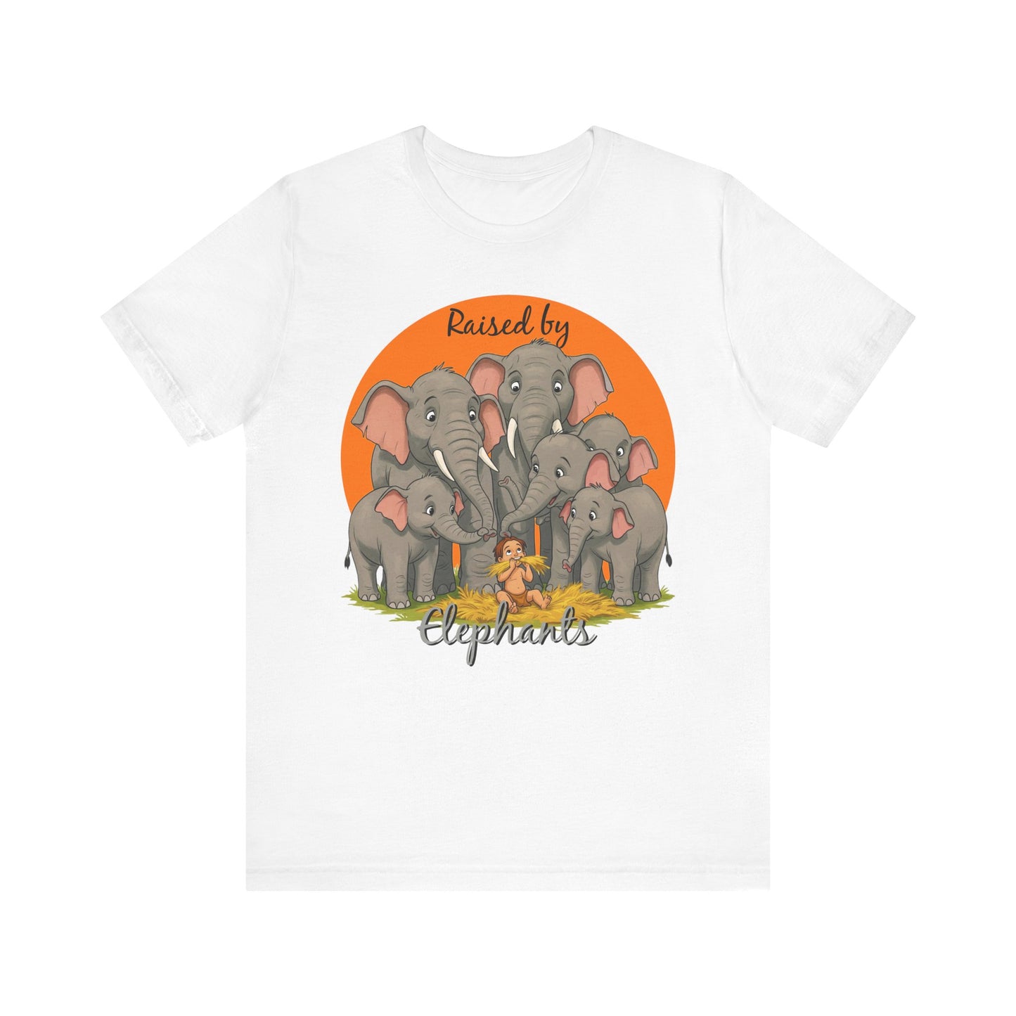 Elephant Lovers Tee - Funny 'Raised by Elephants' Unisex Jersey Short Sleeve Shirt - Wildlife and Nature Lovers Shirt (Male Character Version) - Schmartypants