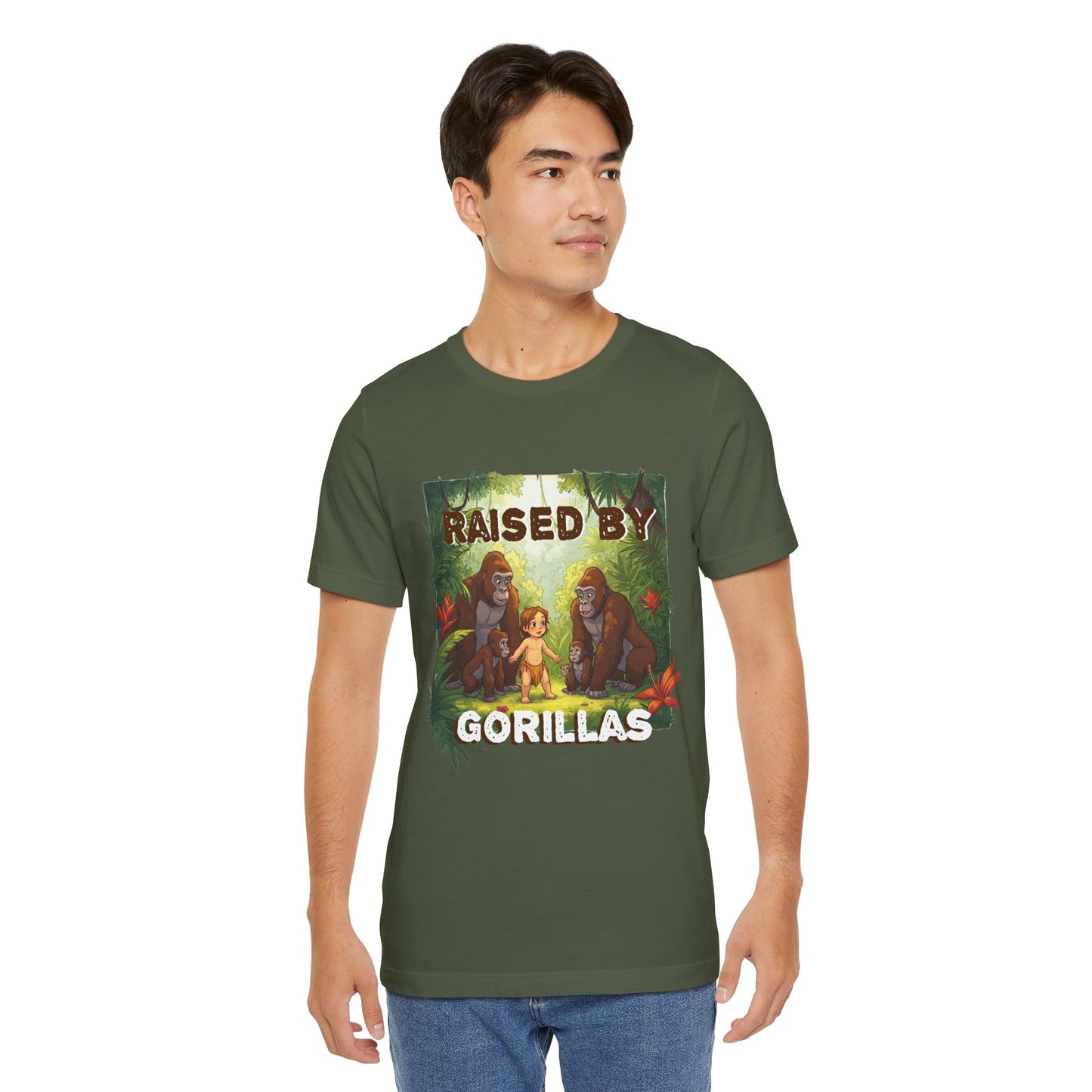Hilarious 'Raised by Gorillas' Unisex T-Shirt - Funny Animal Lover Gift (male character version) - Schmartypants