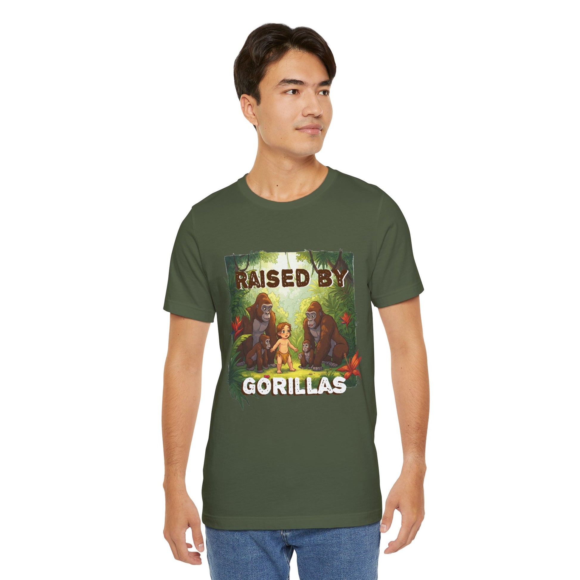 Hilarious 'Raised by Gorillas' Unisex T-Shirt - Funny Animal Lover Gift (male character version) - Schmartypants