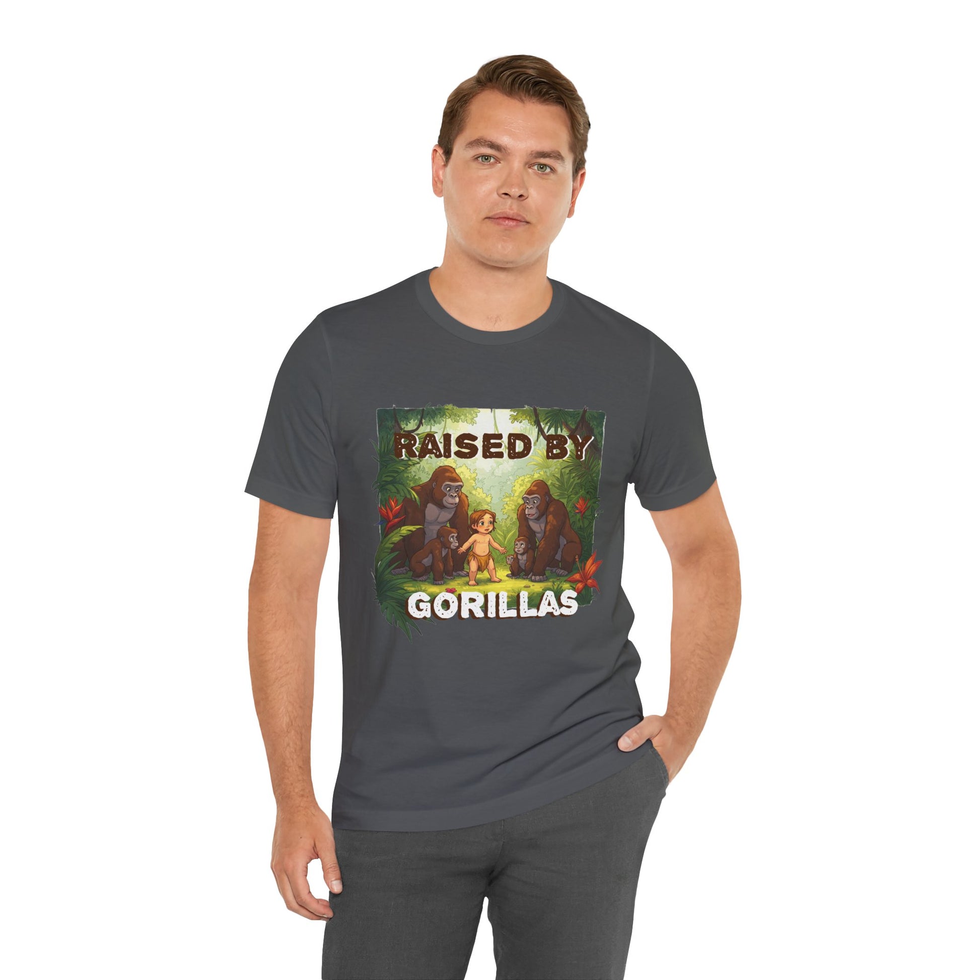 Hilarious 'Raised by Gorillas' Unisex T-Shirt - Funny Animal Lover Gift (male character version) - Schmartypants