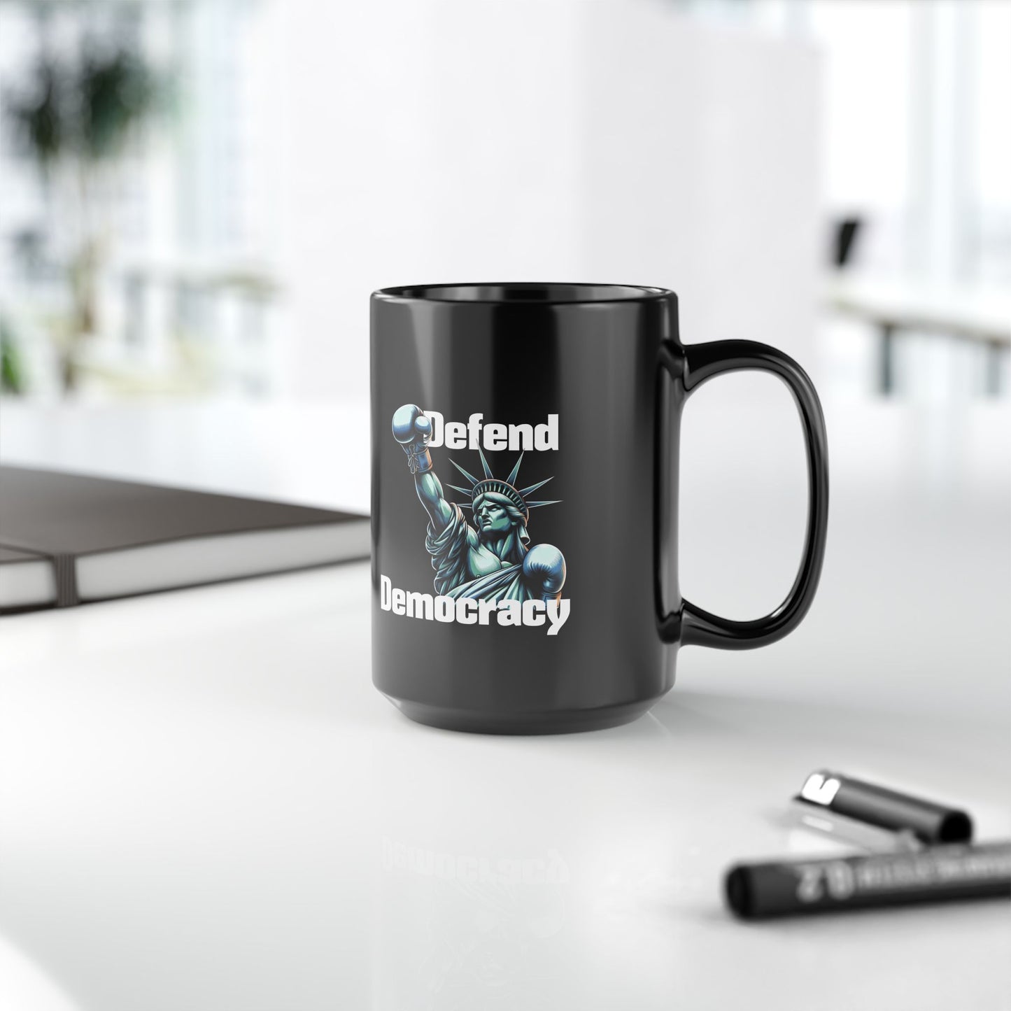 Defend Democracy Black Mug - Lady Liberty Ceramic Activist Coffee Tea Cup