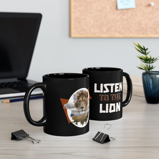 Listen to the Lion Black Mug - Inspirational Coffee Tea Cup for Animal Lovers, Van Morrison Fans - Schmartypants