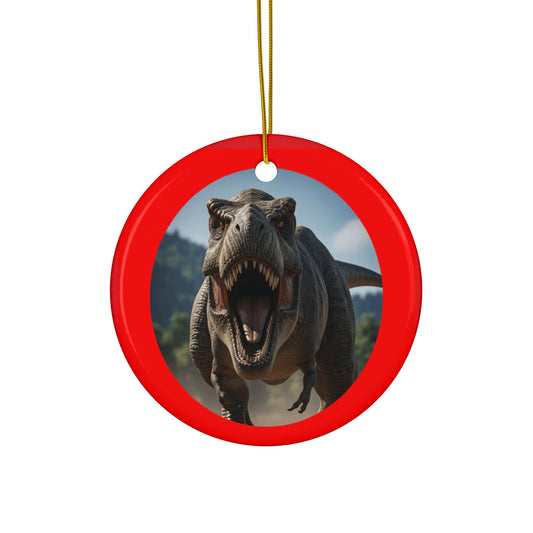 Roaring T-Rex Jurassic Era Dinosaur Ceramic Christmas Tree Ornaments, 2-Sided Keepsakes, Collectibles, Party Favors