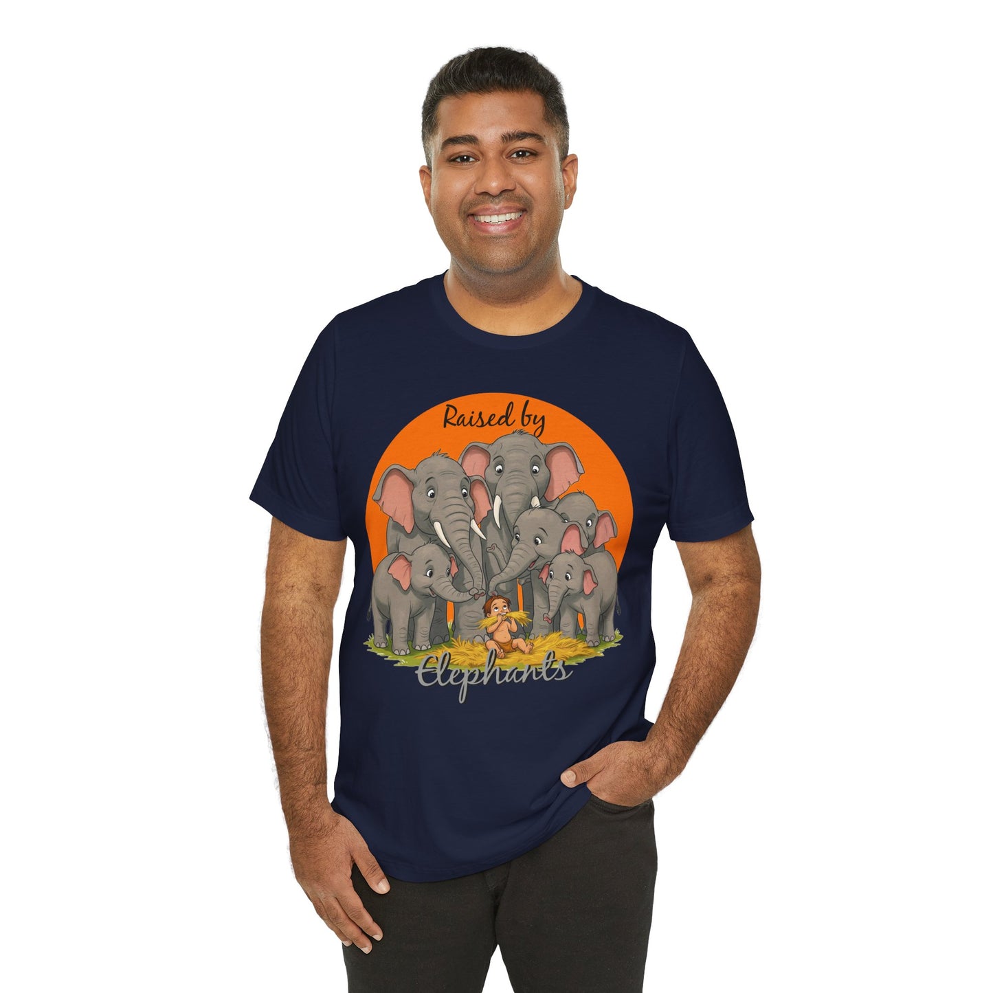 Elephant Lovers Tee - Funny 'Raised by Elephants' Unisex Jersey Short Sleeve Shirt - Wildlife and Nature Lovers Shirt (Male Character Version) - Schmartypants