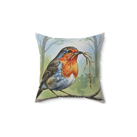Nature-Inspired Bird Pillow, Cozy Home Decor, Gift for Bird Lovers, Spring Decor, Cute Farmhouse Cushion, Robin Watercolor