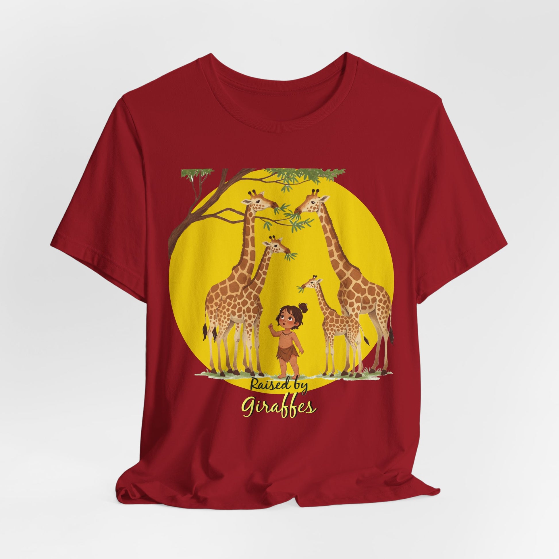 Raised by Giraffes Unisex T-Shirt - Funny Animal Lover Tee - Giraffe Lovers, Wildlife Enthusiasts (Female Character) - Schmartypants