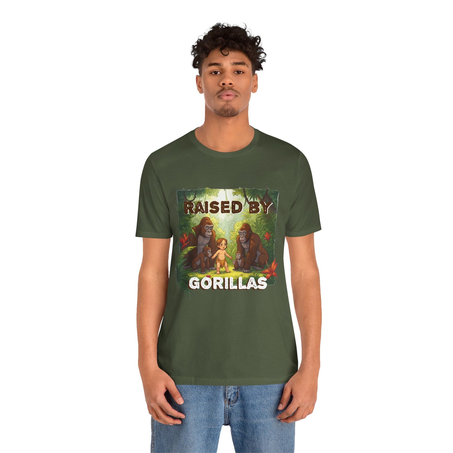 Hilarious 'Raised by Gorillas' Unisex T-Shirt - Funny Animal Lover Gift (male character version) - Schmartypants