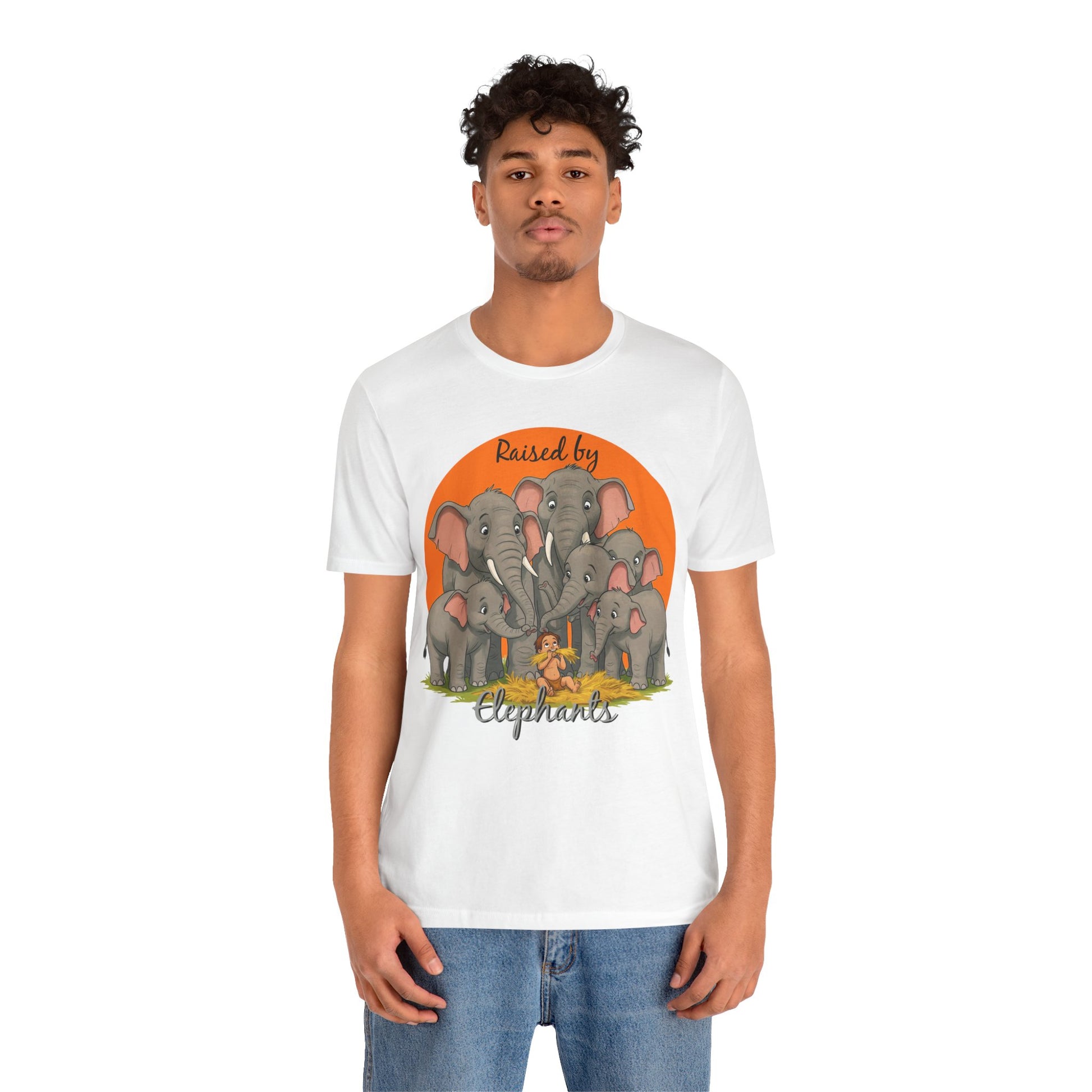 Elephant Lovers Tee - Funny 'Raised by Elephants' Unisex Jersey Short Sleeve Shirt - Wildlife and Nature Lovers Shirt (Male Character Version) - Schmartypants