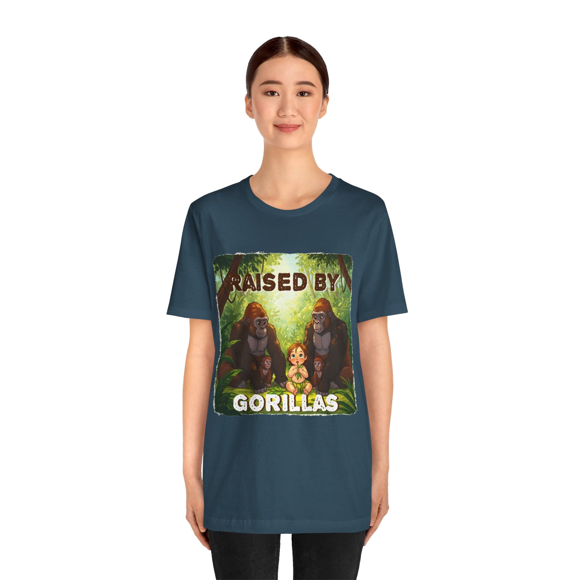 Funny Gorilla Graphic Tee - 'Raised by Gorillas' Unisex Jersey Shirt (Female character version) - Schmartypants