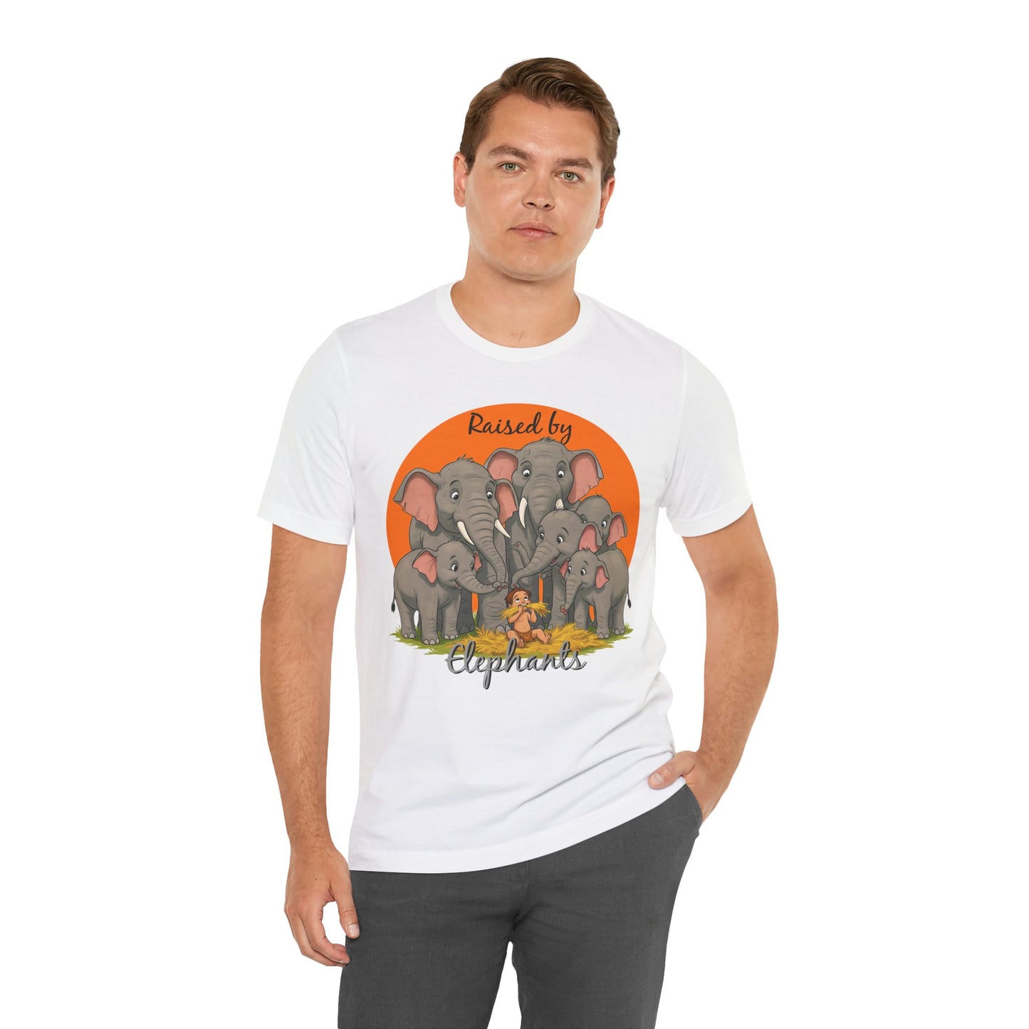 Elephant Lovers Tee - Funny 'Raised by Elephants' Unisex Jersey Short Sleeve Shirt - Wildlife and Nature Lovers Shirt (Male Character Version) - Schmartypants