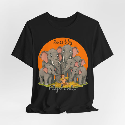 Elephant Lovers Tee - Funny 'Raised by Elephants' Unisex Jersey Short Sleeve Shirt - Wildlife and Nature Lovers Shirt (Male Character Version) - Schmartypants
