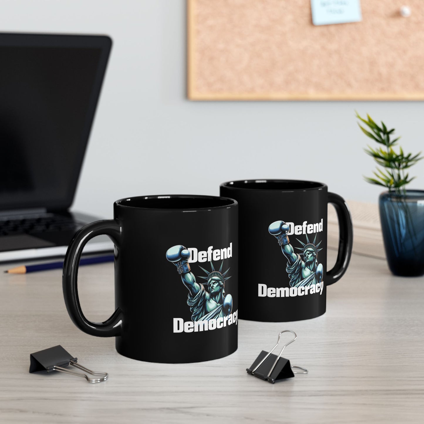 Defend Democracy Black Mug - Lady Liberty Ceramic Activist Coffee Tea Cup