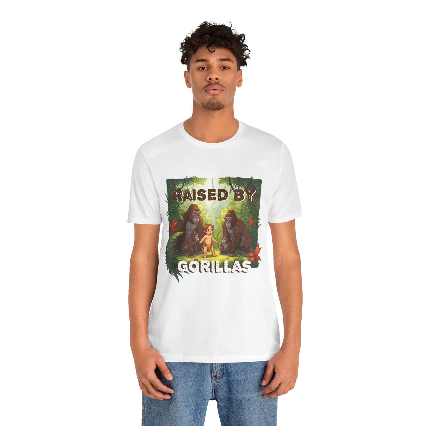 Hilarious 'Raised by Gorillas' Unisex T-Shirt - Funny Animal Lover Gift (male character version) - Schmartypants