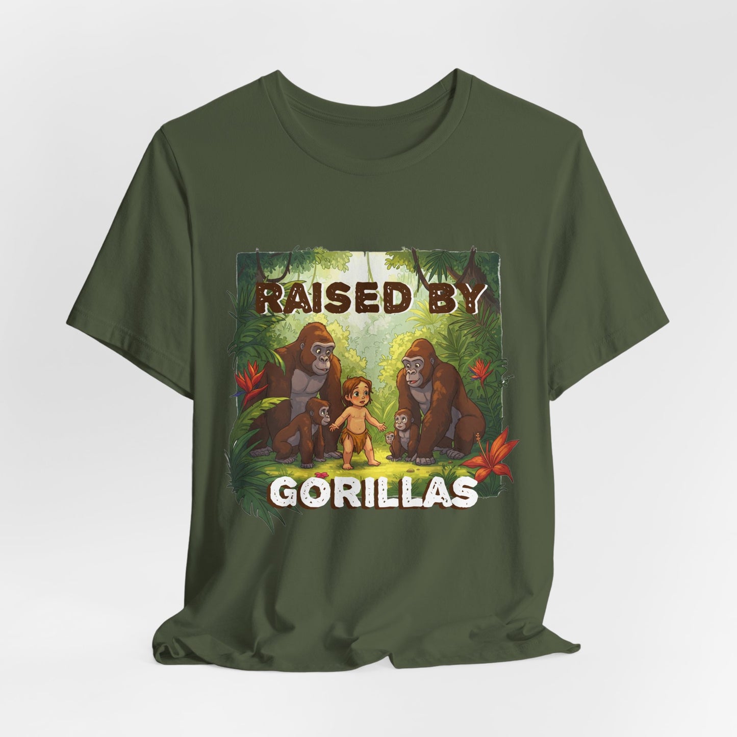 Hilarious 'Raised by Gorillas' Unisex T-Shirt - Funny Animal Lover Gift (male character version) - Schmartypants