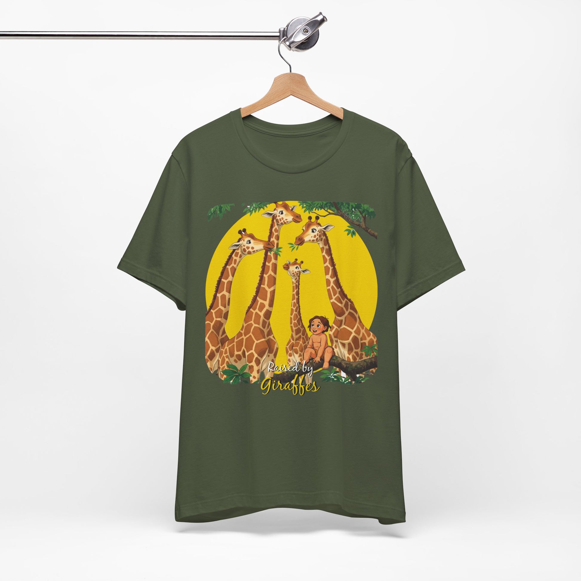 Hilarious Comical 'Raised By Giraffes' Unisex Short Sleeve Tee - Perfect for Animal Lovers (male character version) - Schmartypants