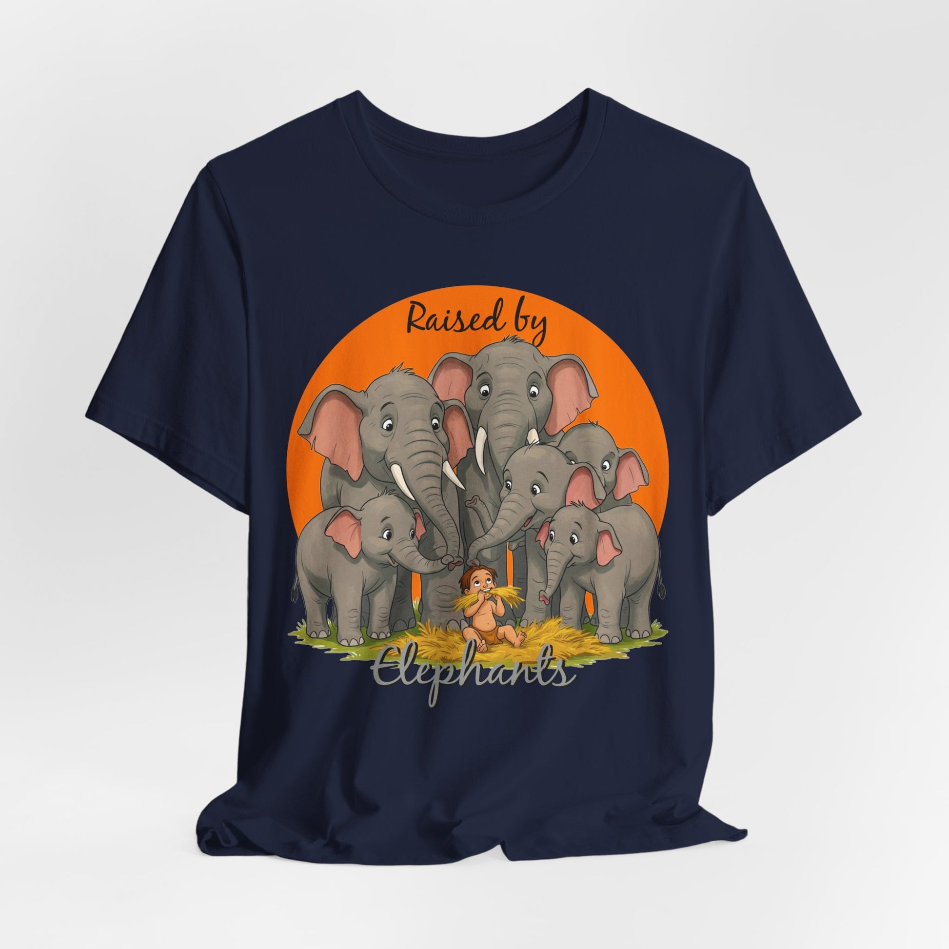 Elephant Lovers Tee - Funny 'Raised by Elephants' Unisex Jersey Short Sleeve Shirt - Wildlife and Nature Lovers Shirt (Male Character Version) - Schmartypants