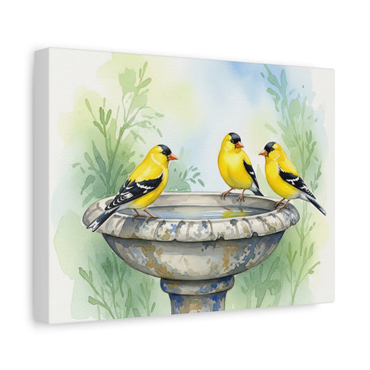 Goldfinches on Fountain Canvas Art, Nature Wall Decor, Yellow Finch Print, Home Decor, Gift for Bird Lovers, Spring Decoration