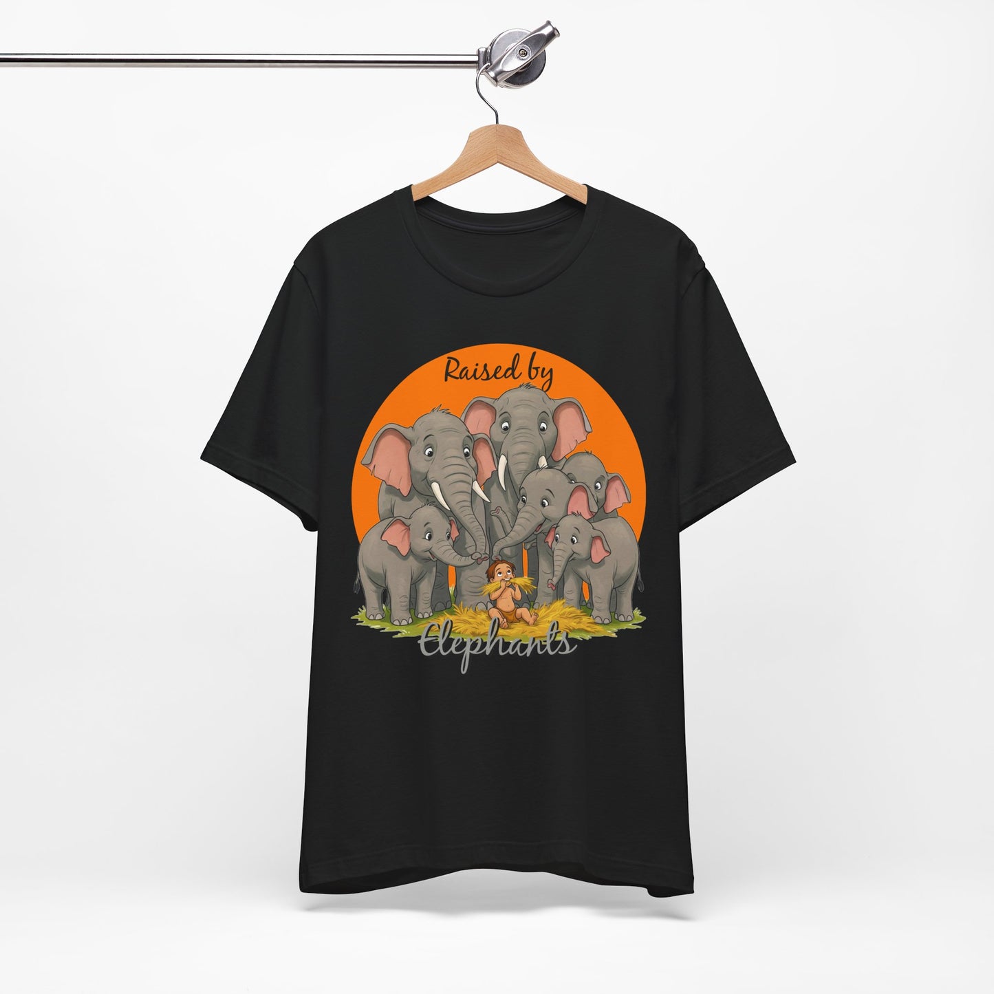Elephant Lovers Tee - Funny 'Raised by Elephants' Unisex Jersey Short Sleeve Shirt - Wildlife and Nature Lovers Shirt (Male Character Version) - Schmartypants