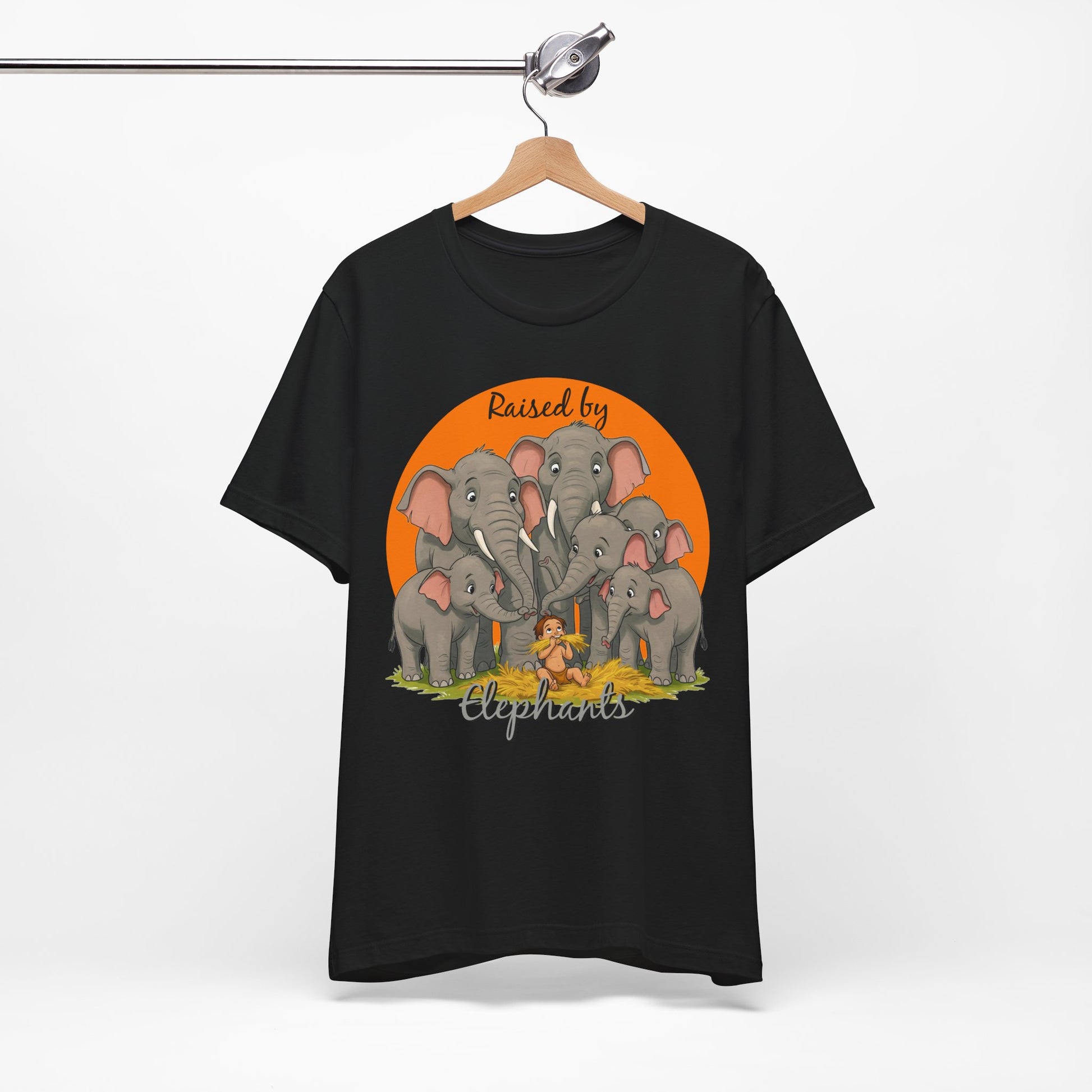 Elephant Lovers Tee - Funny 'Raised by Elephants' Unisex Jersey Short Sleeve Shirt - Wildlife and Nature Lovers Shirt (Male Character Version) - Schmartypants