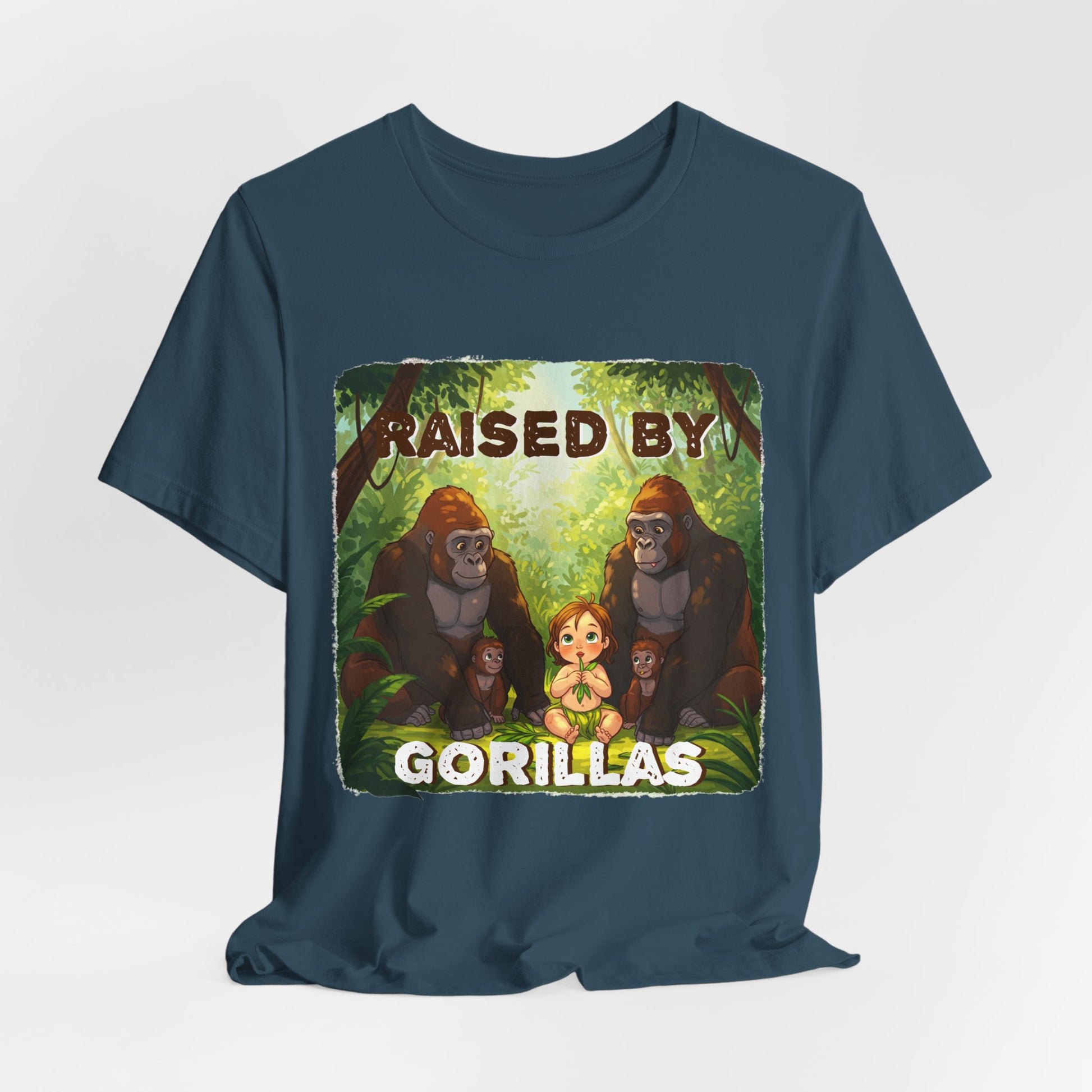 Funny Gorilla Graphic Tee - 'Raised by Gorillas' Unisex Jersey Shirt (Female character version) - Schmartypants