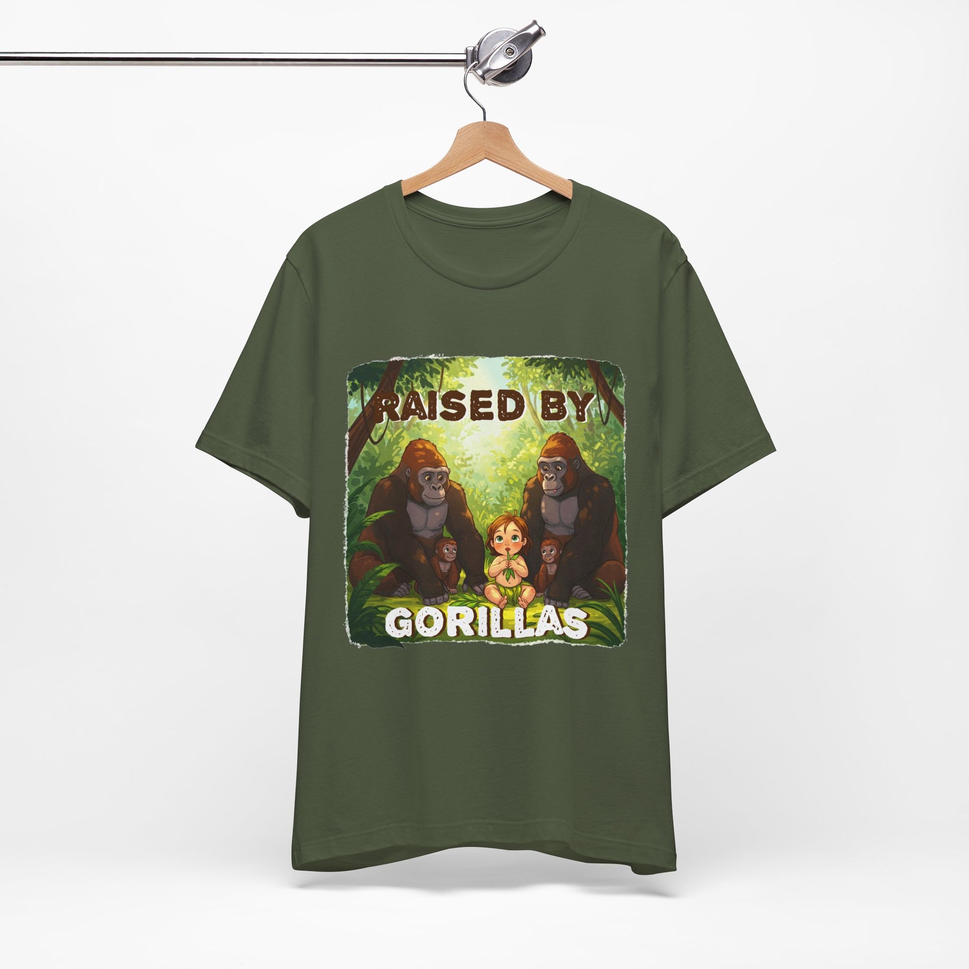 Funny Gorilla Graphic Tee - 'Raised by Gorillas' Unisex Jersey Shirt (Female character version) - Schmartypants