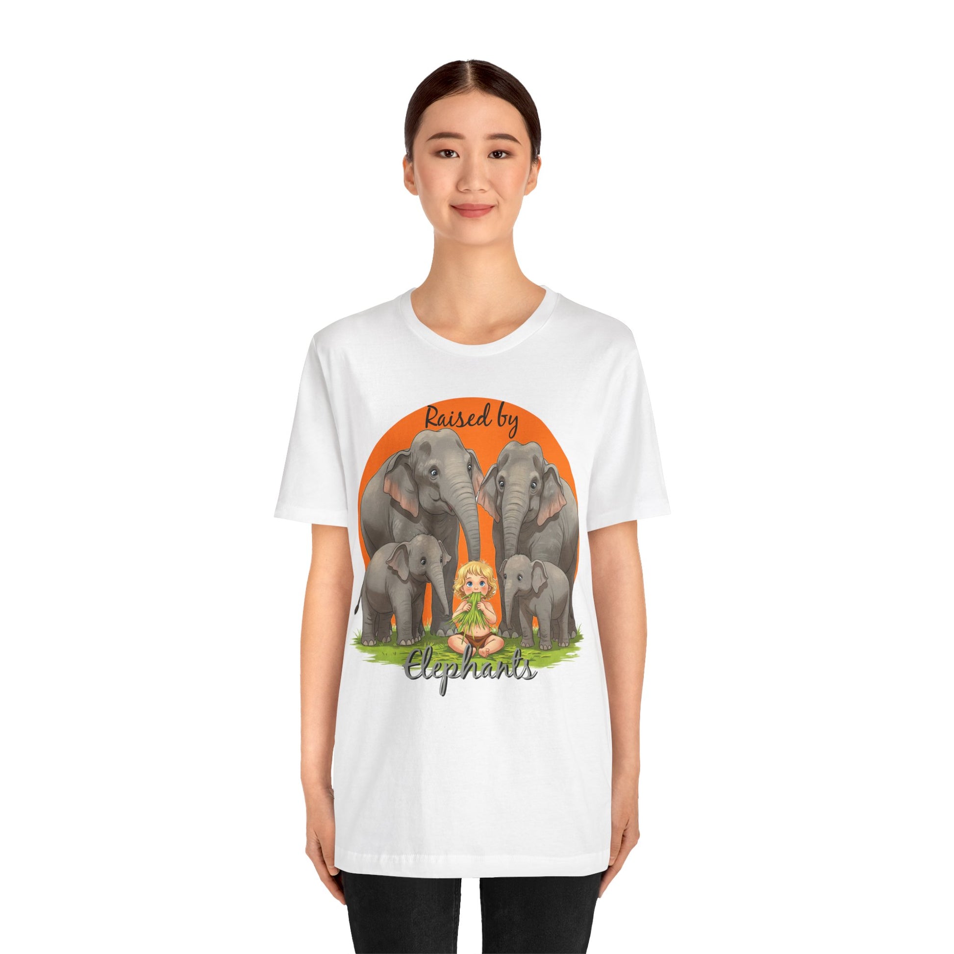 Funny Raised by Elephants Unisex Short Sleeve Tee - Perfect for Animal Lovers, Wildlife Fans (Women's character version) - Schmartypants