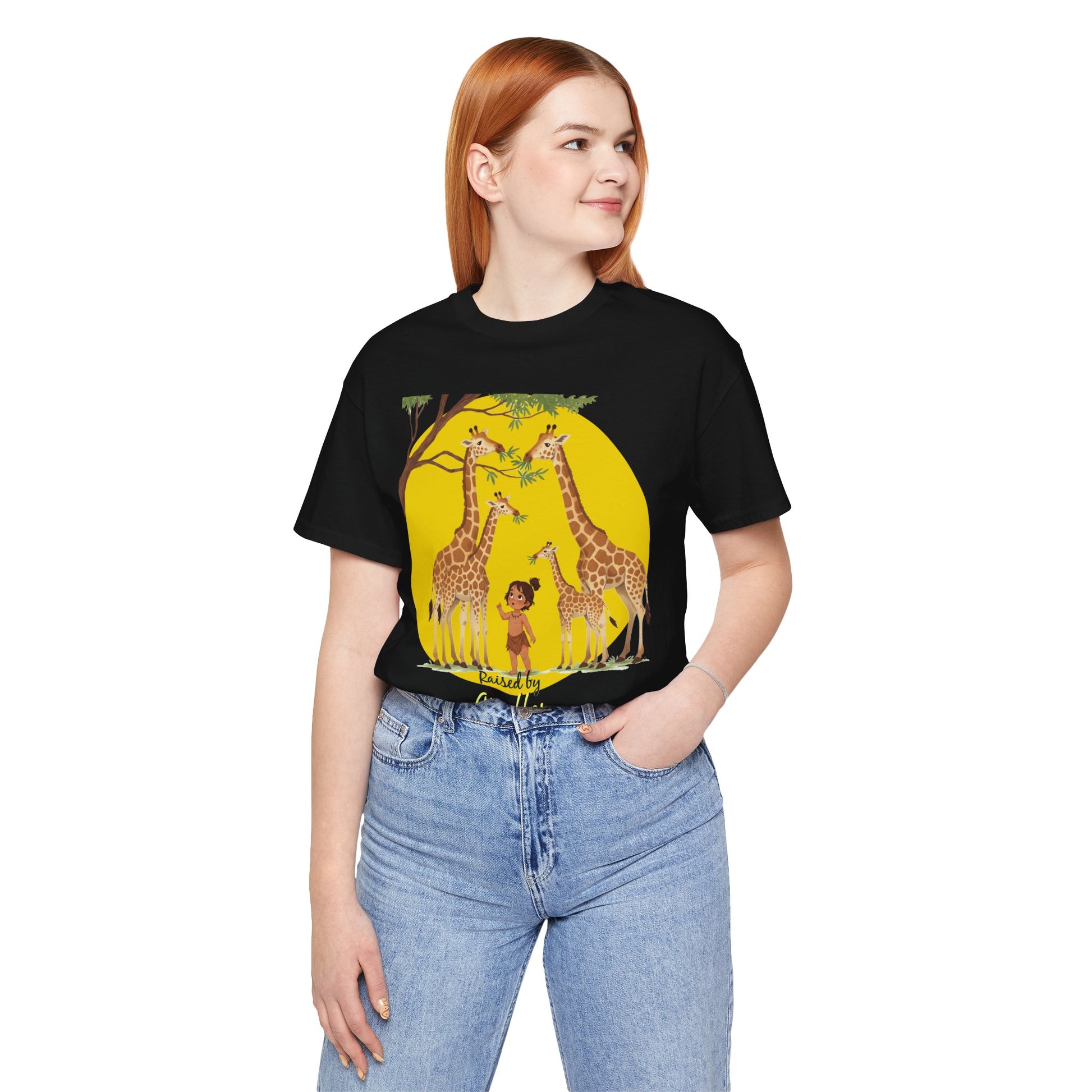 Raised by Giraffes Unisex T-Shirt - Funny Animal Lover Tee - Giraffe Lovers, Wildlife Enthusiasts (Female Character) - Schmartypants