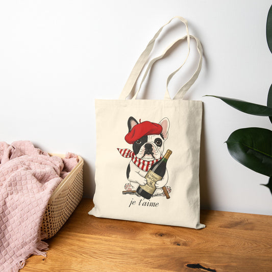 Chic French Bulldog 'je t'aime' Canvas Tote Bag - Eco-Friendly Shopping, Gift for Dog Lovers, Cute Beach Bag, Pet Owner Accessory