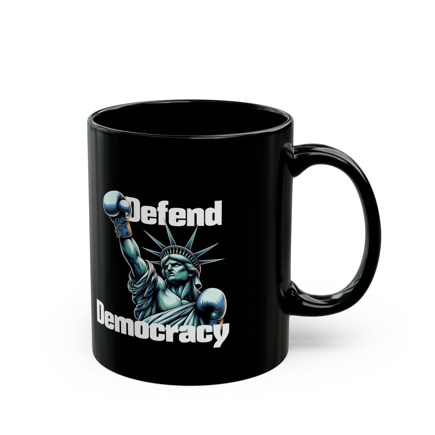 Defend Democracy Black Mug - Lady Liberty Ceramic Activist Coffee Tea Cup