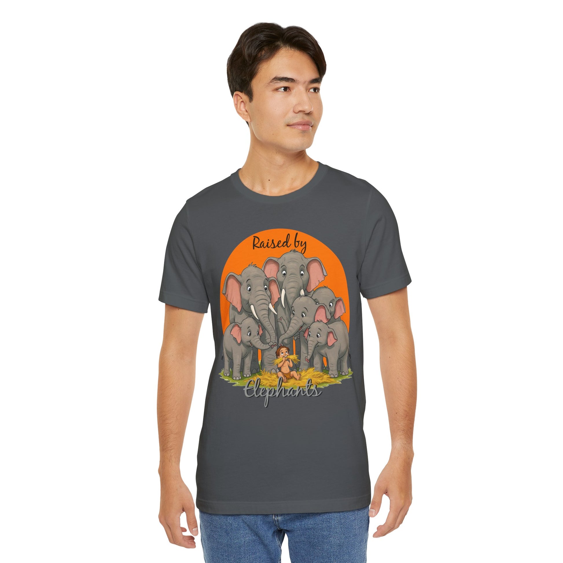 Elephant Lovers Tee - Funny 'Raised by Elephants' Unisex Jersey Short Sleeve Shirt - Wildlife and Nature Lovers Shirt (Male Character Version) - Schmartypants