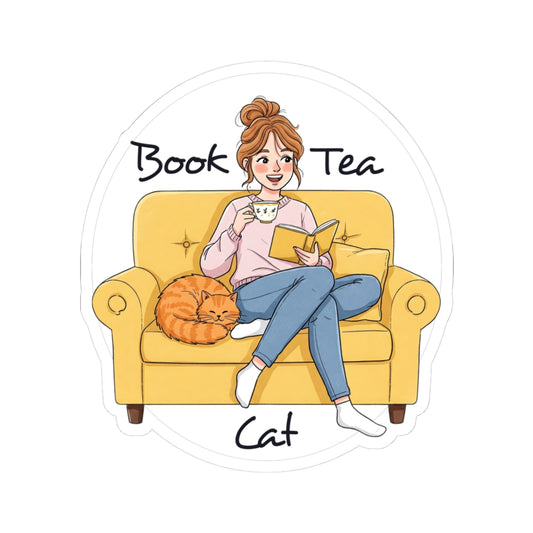 Cozy Cat Lover Sticker - "Book Tea Cat" Design - Whimsical Gift for Cat Lovers, Book Lovers, Tea Drinkers - Schmartypants