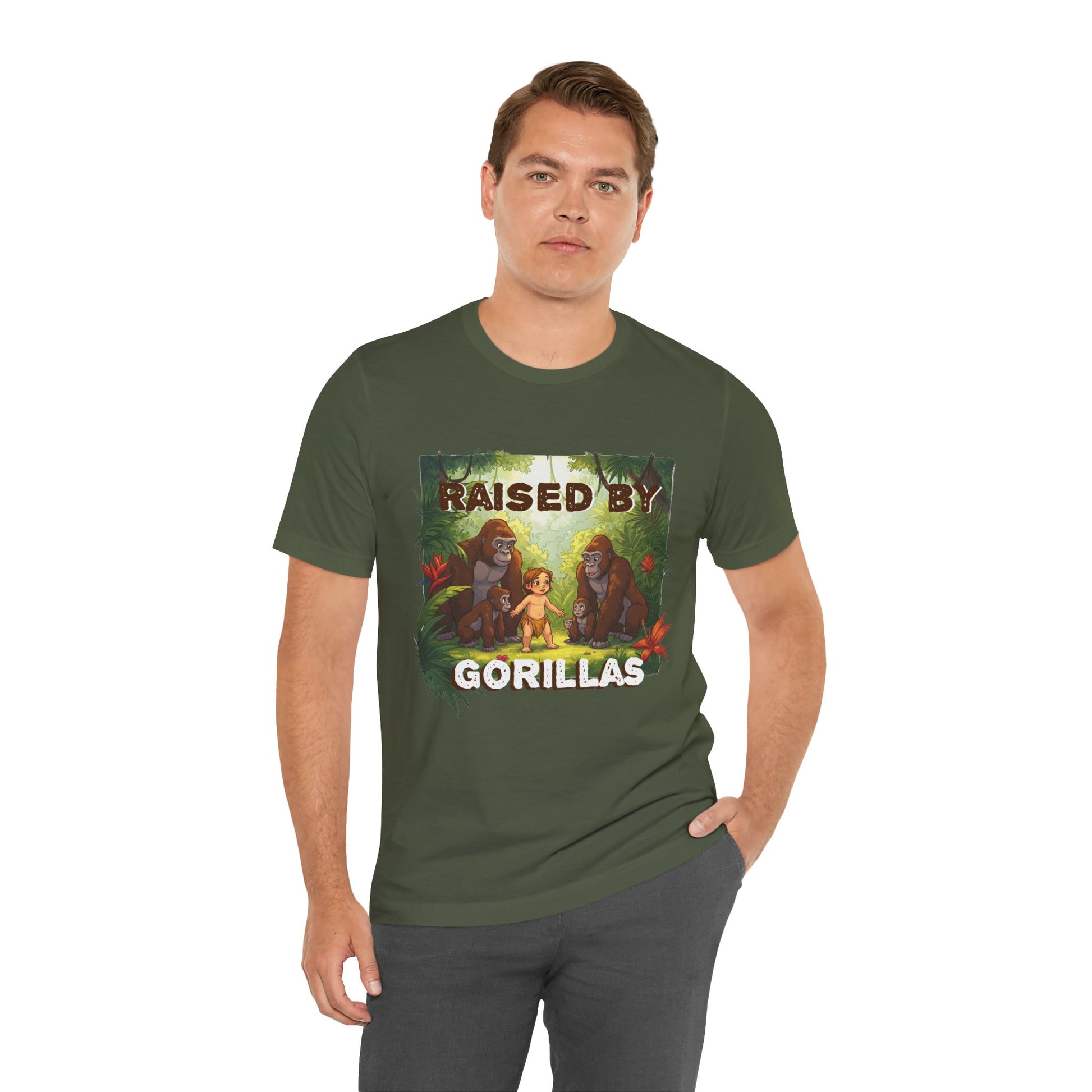 Hilarious 'Raised by Gorillas' Unisex T-Shirt - Funny Animal Lover Gift (male character version) - Schmartypants