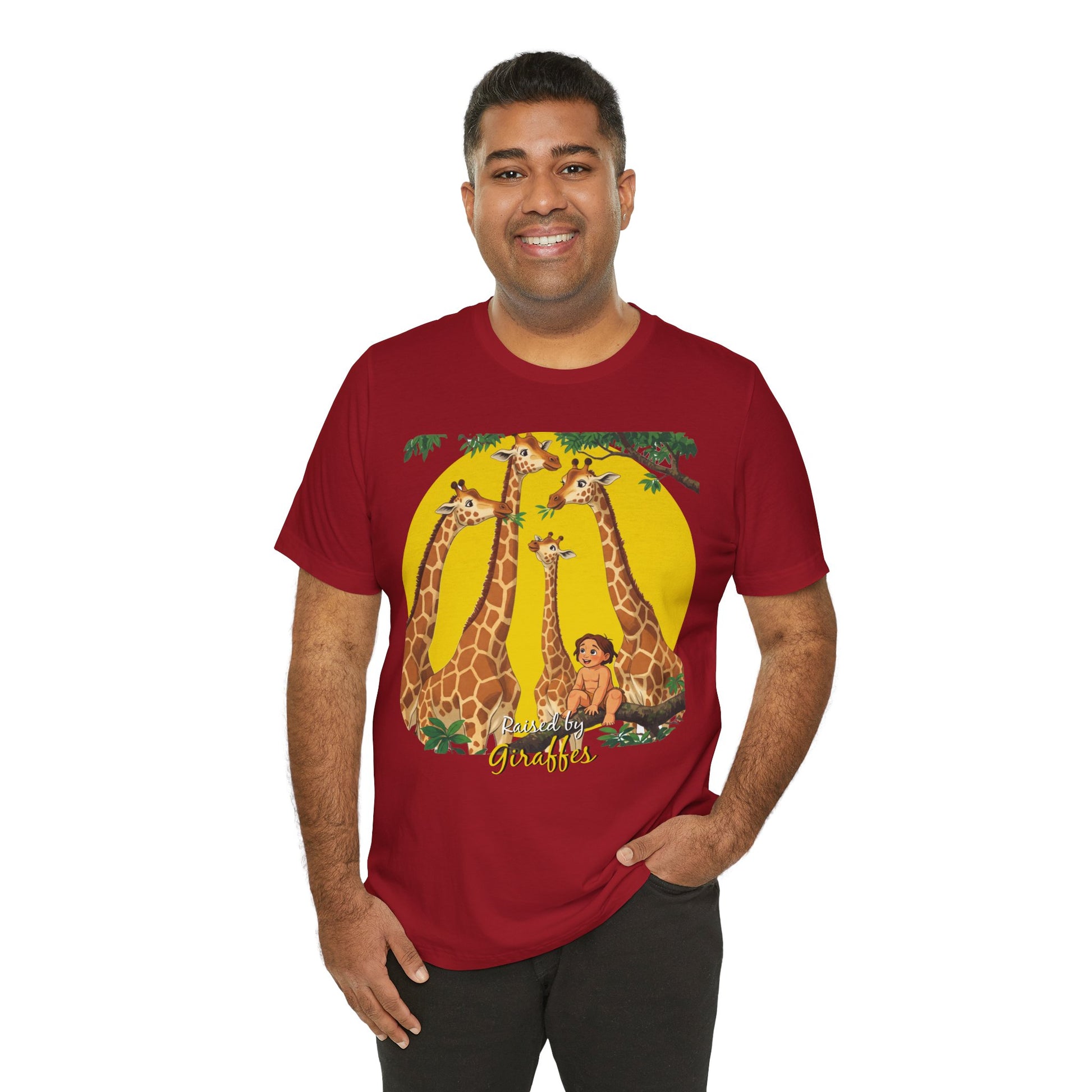Hilarious Comical 'Raised By Giraffes' Unisex Short Sleeve Tee - Perfect for Animal Lovers (male character version) - Schmartypants