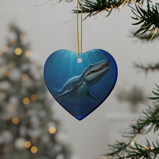 Ceramic Kronosaurus Dinosaur Ornaments, Heart-Shaped, Unique Decoration for Holidays, Gifts, Kids Room, Sea Life Theme, 2-Sided Print