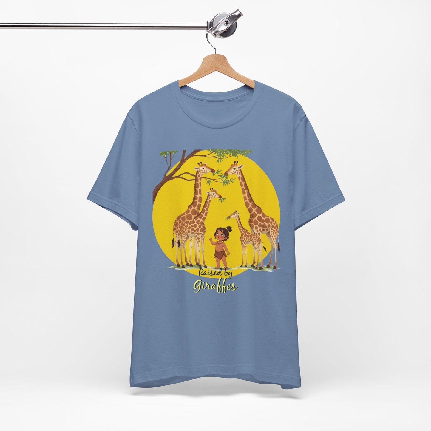 Raised by Giraffes Unisex T-Shirt - Funny Animal Lover Tee - Giraffe Lovers, Wildlife Enthusiasts (Female Character) - Schmartypants