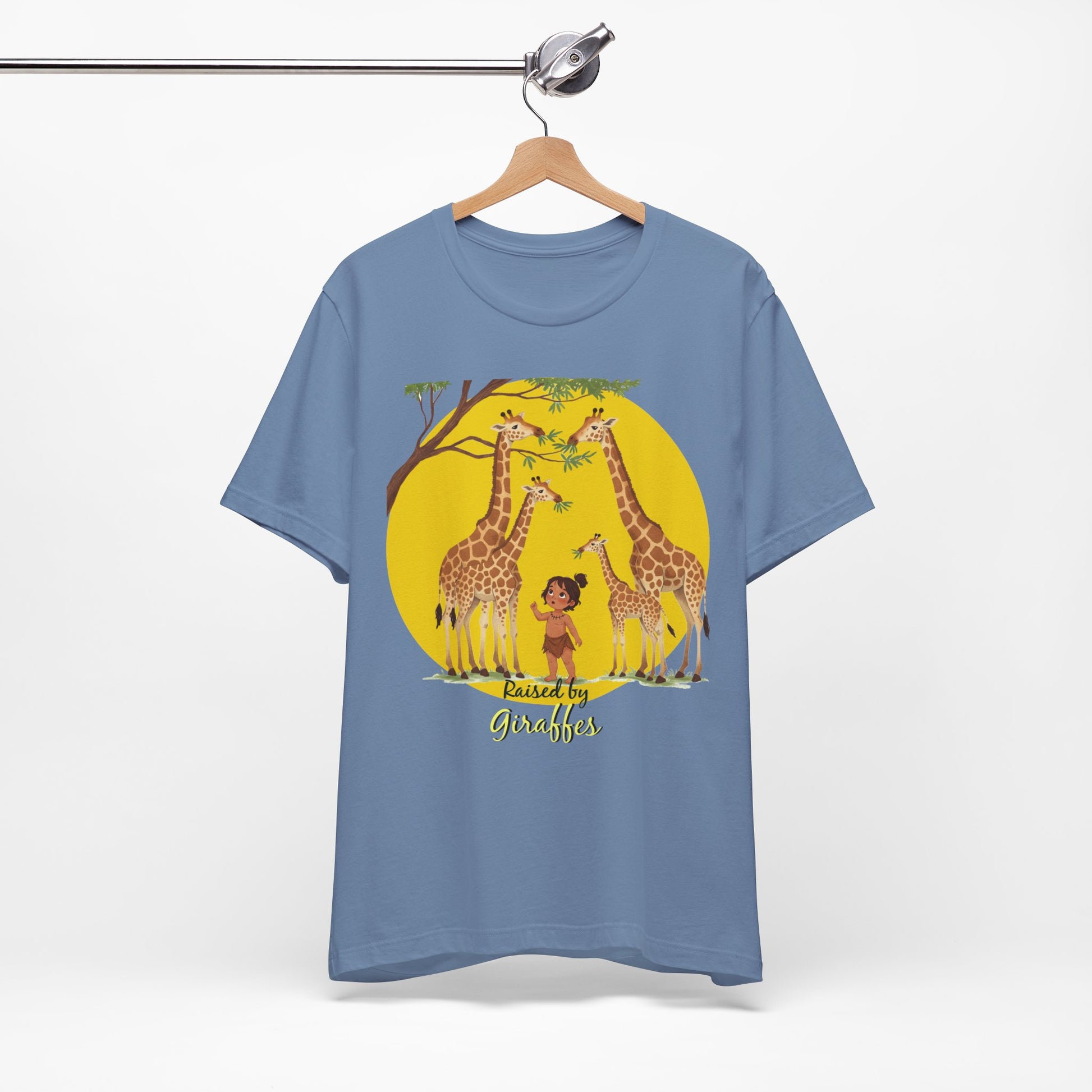 Raised by Giraffes Unisex T-Shirt - Funny Animal Lover Tee - Giraffe Lovers, Wildlife Enthusiasts (Female Character) - Schmartypants