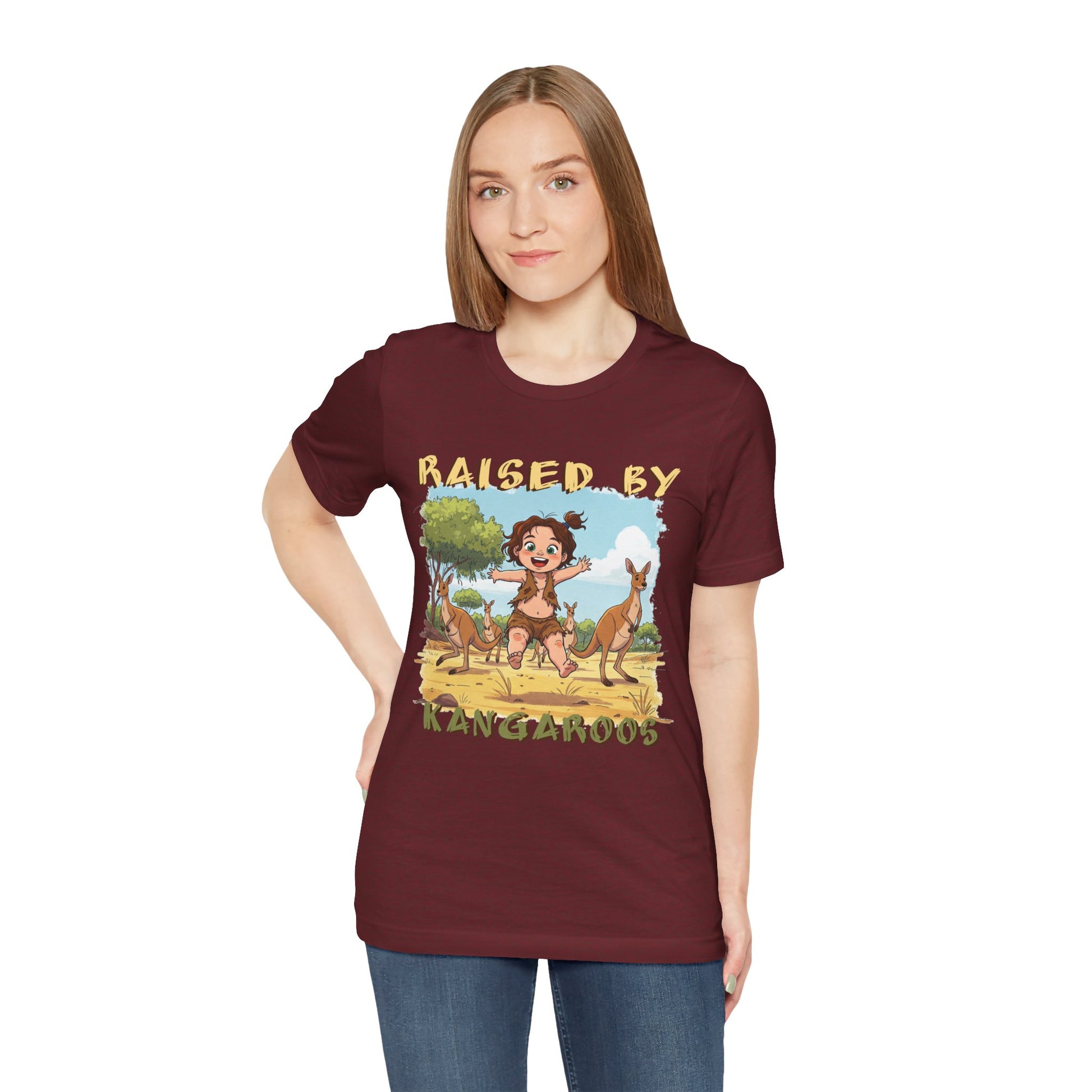 Cute, Funny Kangaroo Vibe Unisex Tee - "Raised by Kangaroos" (female character) - Australian Theme - Schmartypants
